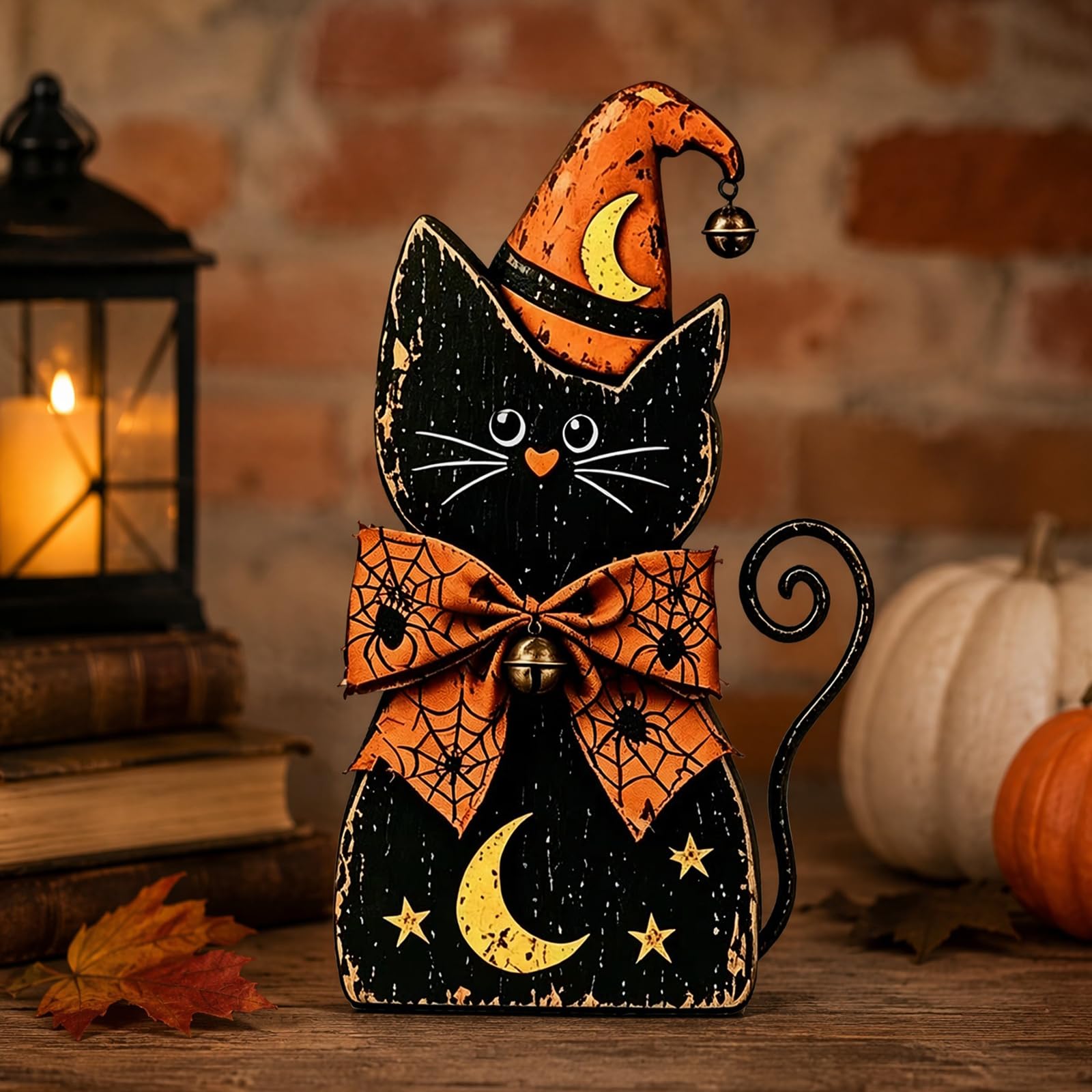 Vintage Halloween Witch Cat Decor Set, Autumn Cats Figurine Centerpiece