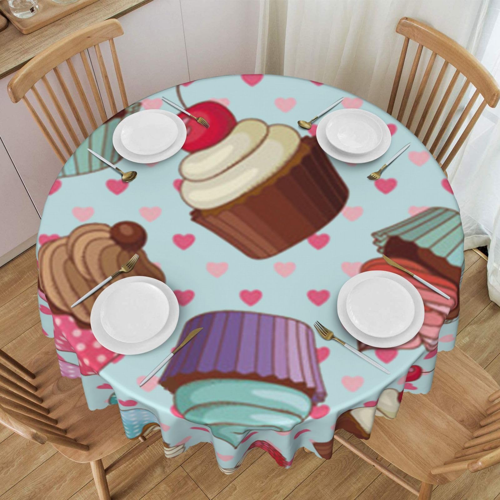 DCEHGEW 60 In Round Tablecloth with Lace, Cupcake Pattern Printed Oilproof & Washable Fabric Picnic Table Cloth Table Covers