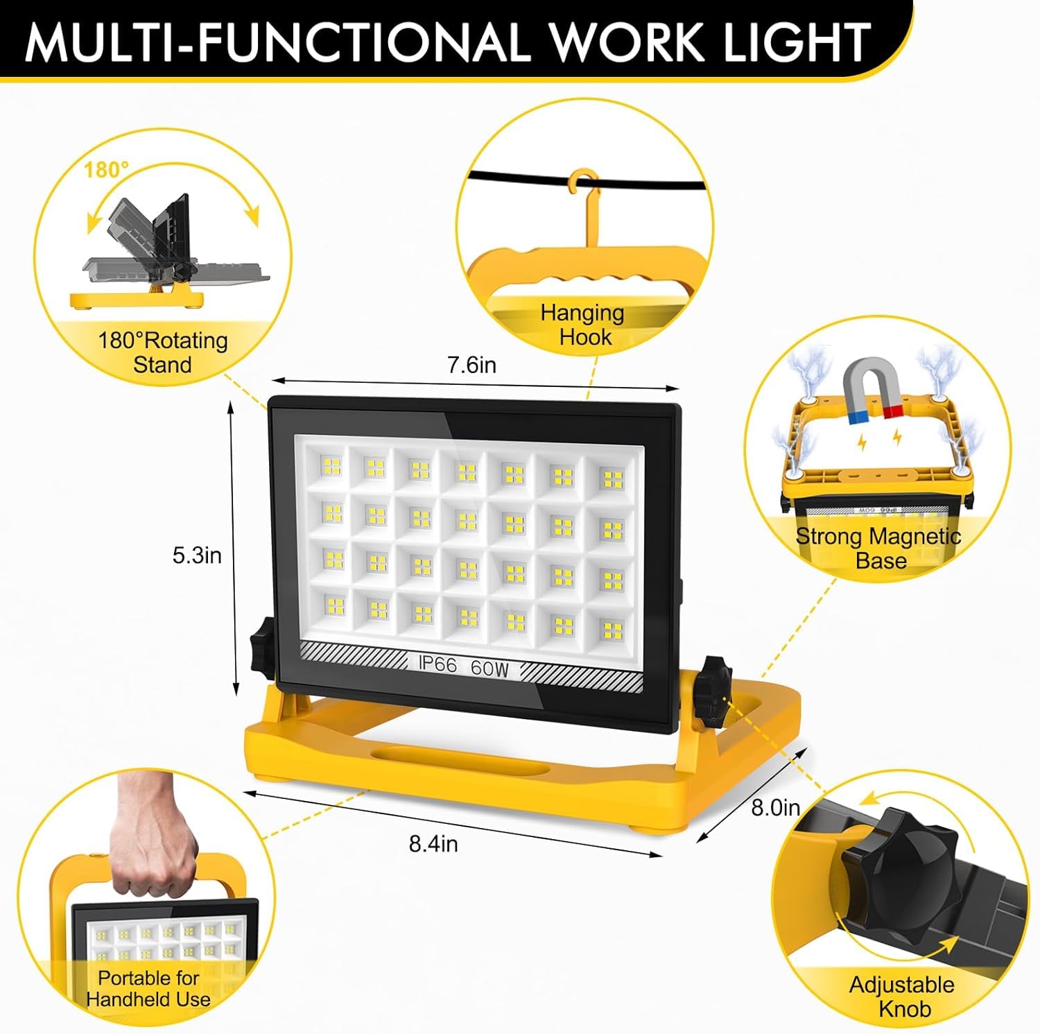 Lampe de travail LED 60 W, 5400 lm avec poignée, projecteur à brancher avec fil de 4 m et interrupteur, lampes de travail portables 240 V alimentées sur secteur, lampe de loft étanche IP65