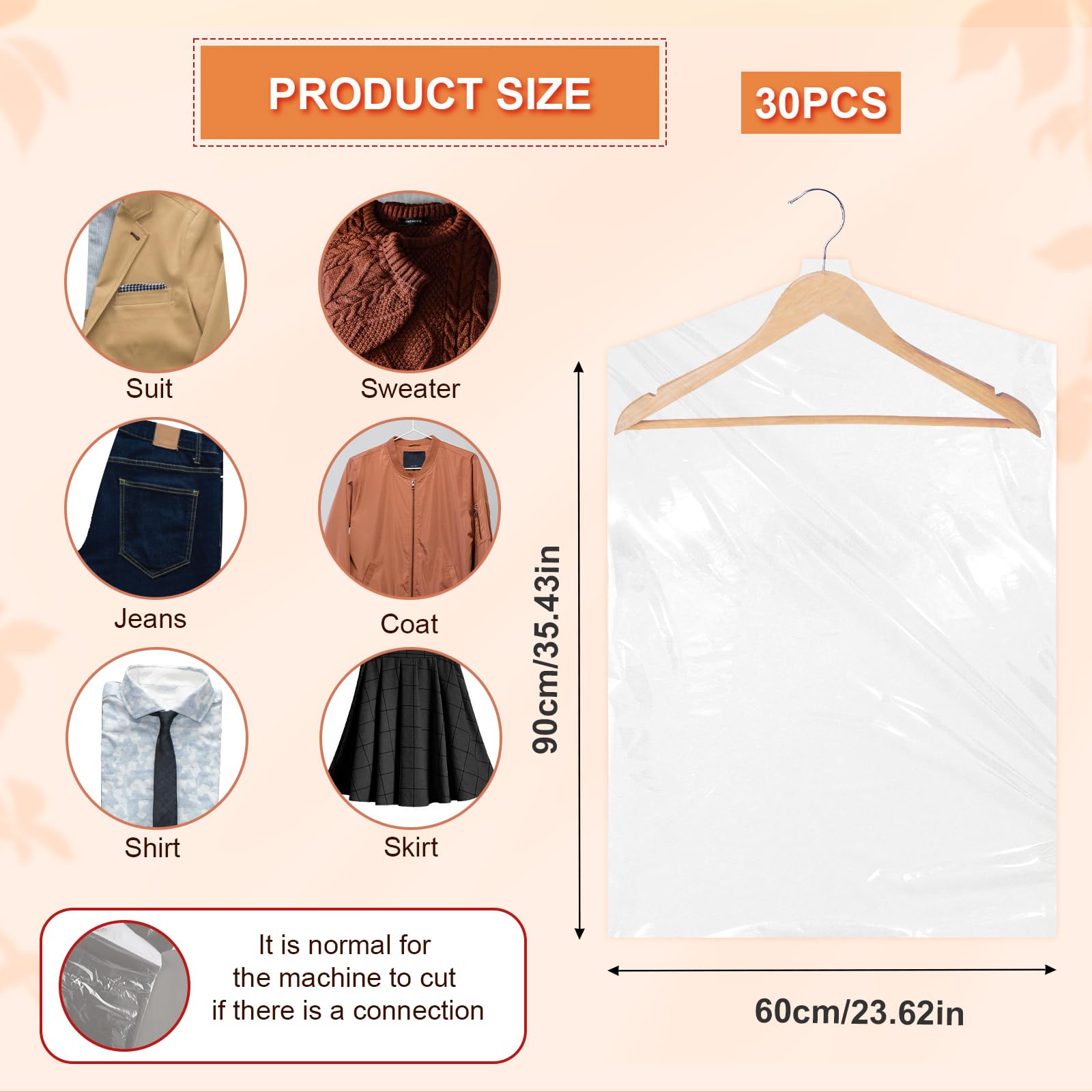 30pcs 60x90cm Garment Bags for Hanging Clothes, Plastic Clear Clothes Covers Dry Cleaner Bags Hanging Clothes Bags for Home Storage Dry Cleaners Traveling