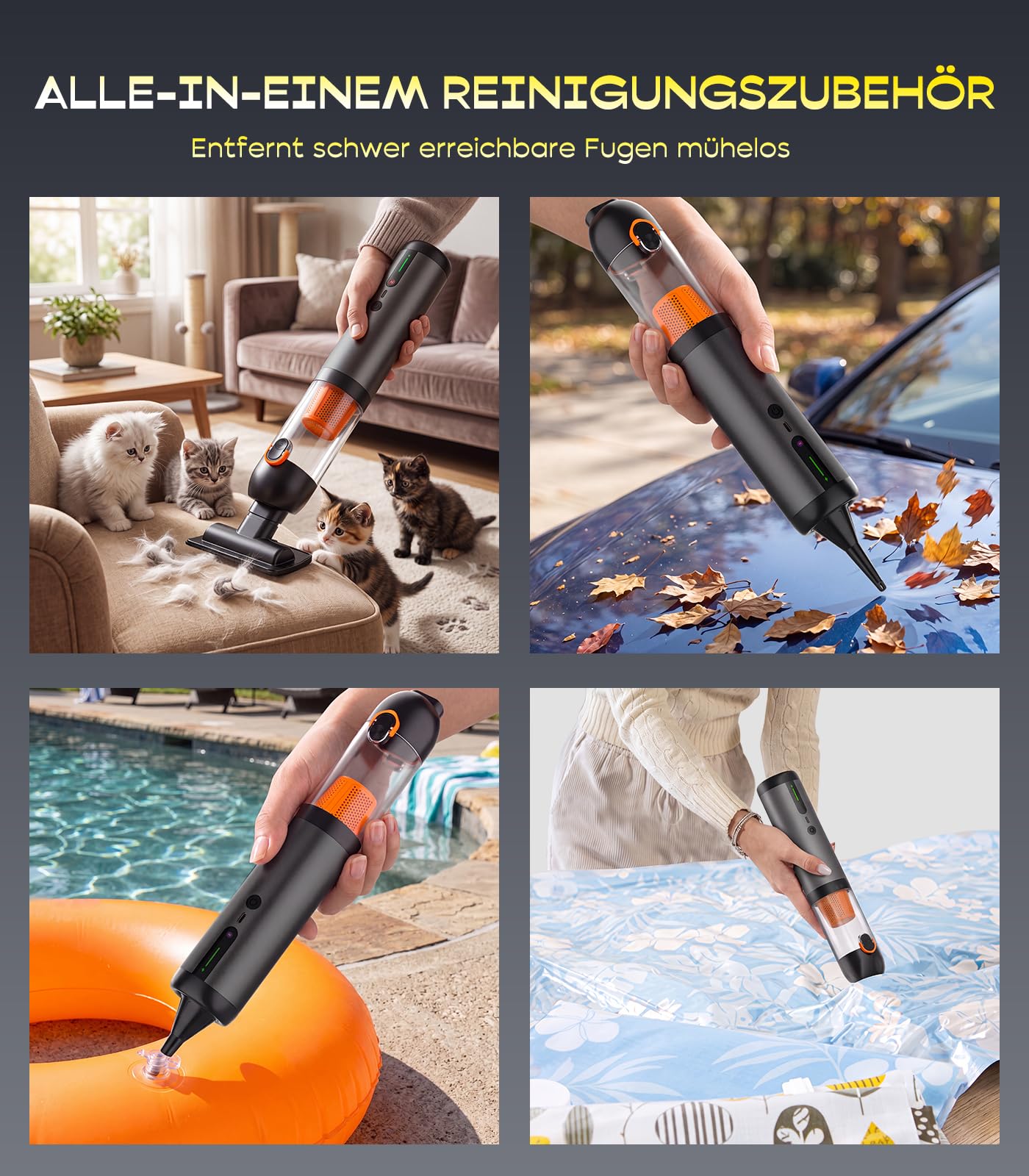 Handstaubsauger Akku 4-in-1, Mini Autostaubsauger Stark mit 20000 PA Saugkraft und 2 Saugstufen, USB-C Aufladbar Handstaubsauger Kabellos für Auto, Bürotische, Tastaturen