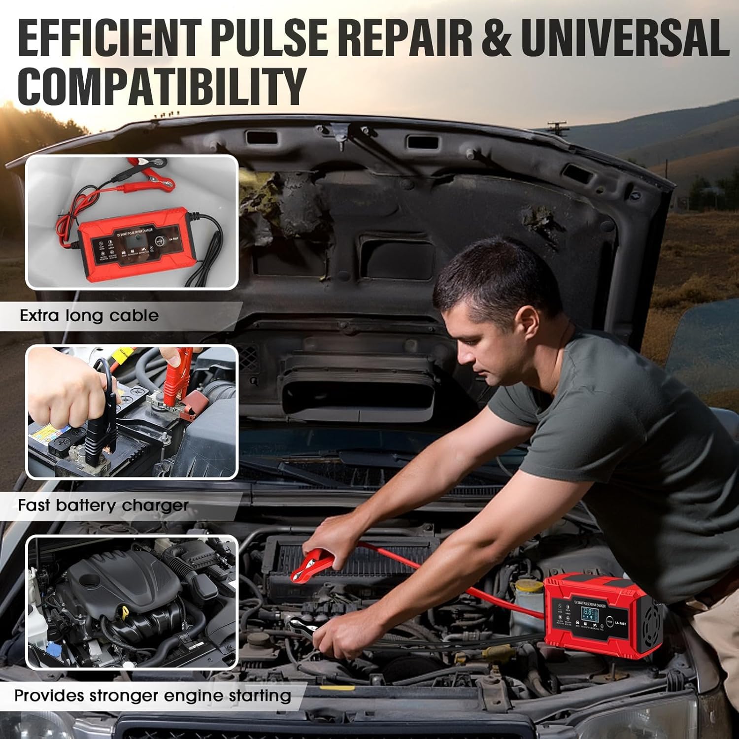 Chargeur Batterie Voiture, 6A 12V Chargeur de Batterie Intelligent avec Écran Tactile LCD, Compensation Température, Mode Réparation, pour Moto, Voiture, Tondeuse, Gazon, AGM, Gel, SLA