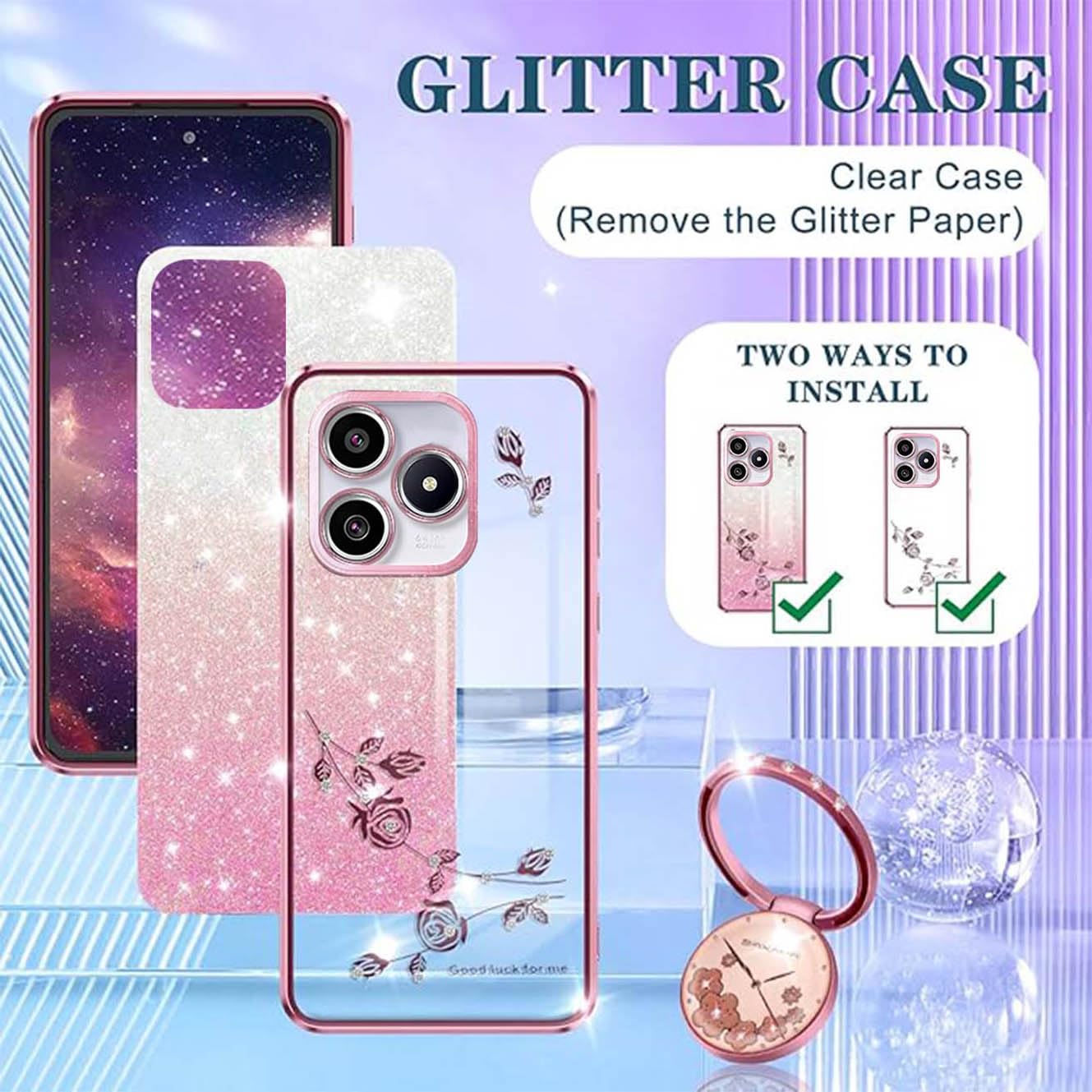 YUXING Cover Transparente Glitter per Realme C63 / C61 / Note 60, Ragazze Donna Flora Motivo Custodia Bling Sottile, Antiurto Scintillante TPU Case (Blue