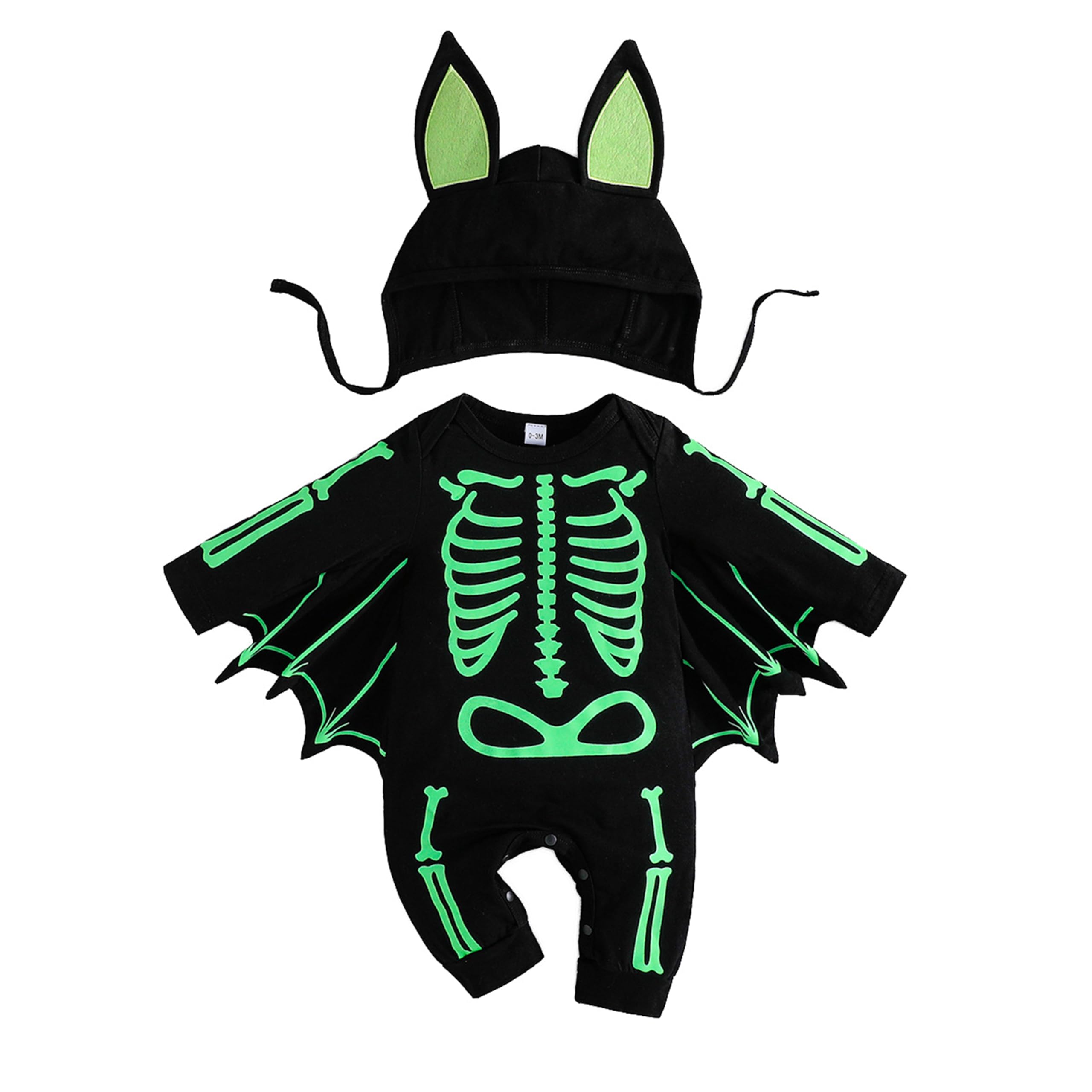 Likpoja Men's Bat Romper C Newborn Baby Boy Girl My 1St Halloween Bat With The Skeleton Outfits Unisex Baby One-Piece Skull Bat Romper With Hat For 0-24 Months Infant(,0-3 Months)