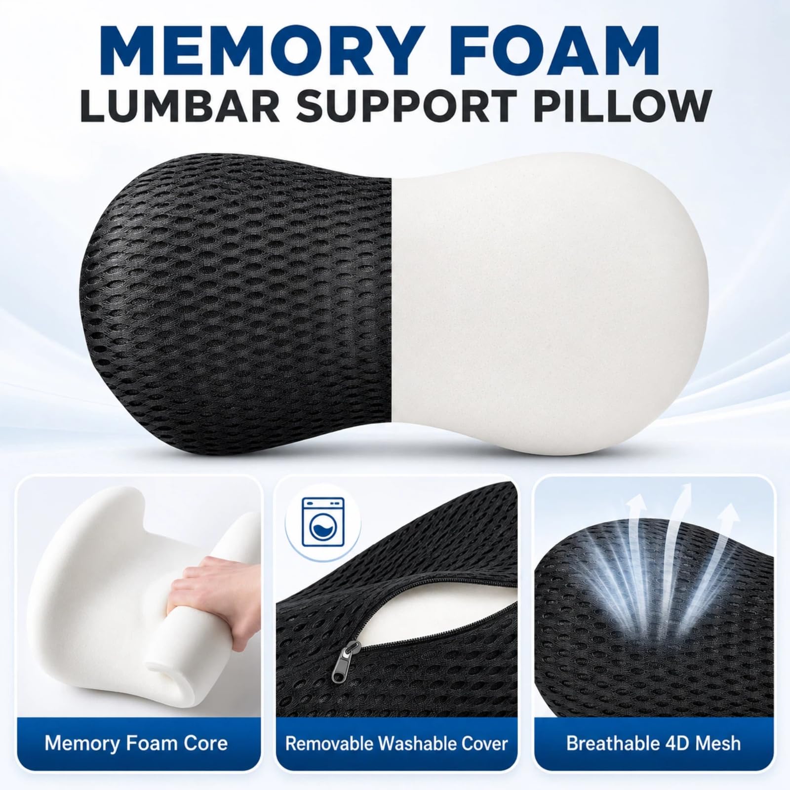 Cuscino Lombare in Memory Foam, Supporto Schiena Ergonomico per Sedia Ufficio e Auto, Design Ortopedico Traspirante Mesh 4D per Sollievo dal Dolore, Cinghia Regolabile