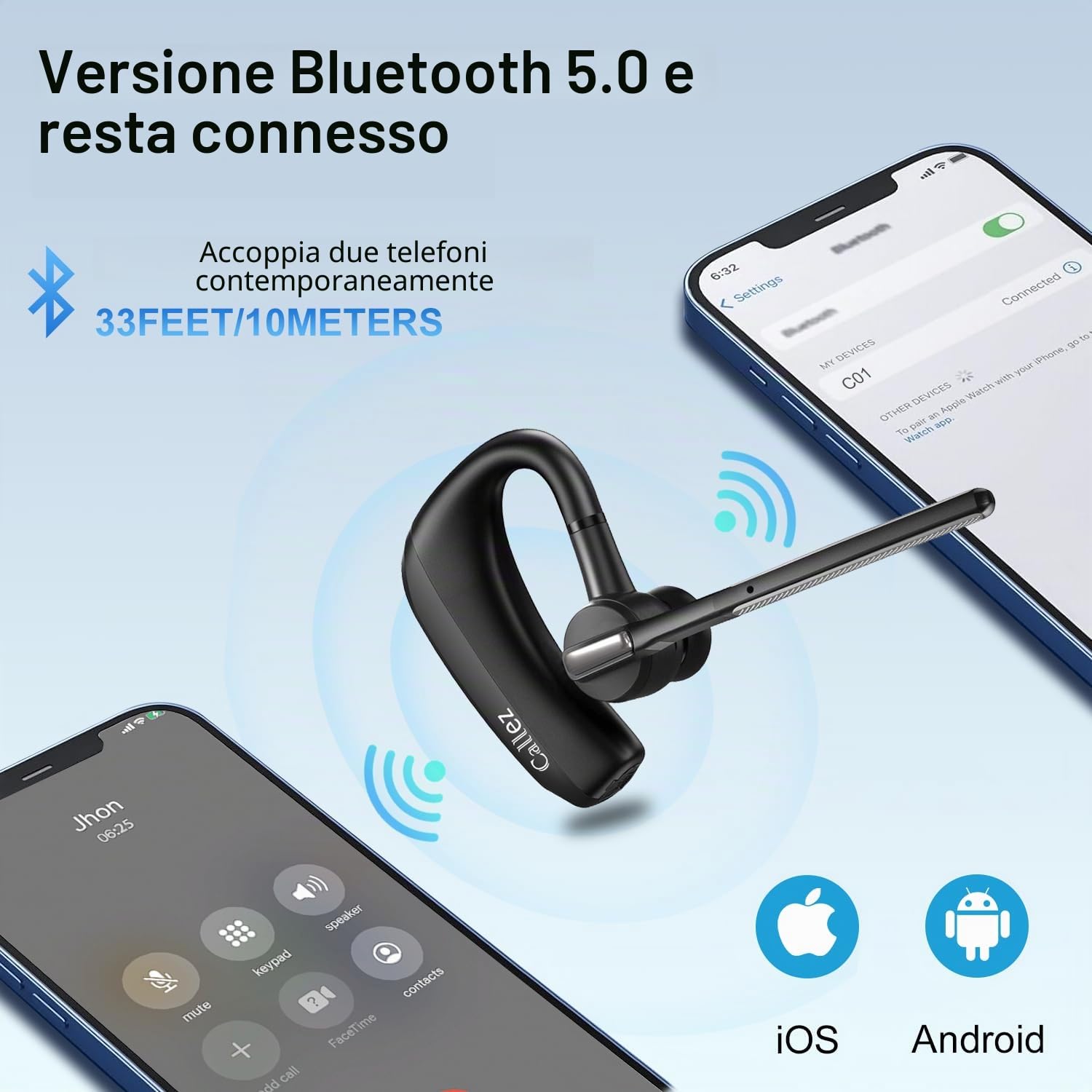 Callez Auricolare Bluetooth per iPhone Samsung Cellulare, Auricolari Bluetooth Singolo V5.0 con CVC8.0 Doppio Microfono ENC Cancellazione del Rumore Cuffie Wireless per Guida Ufficio Lavoro
