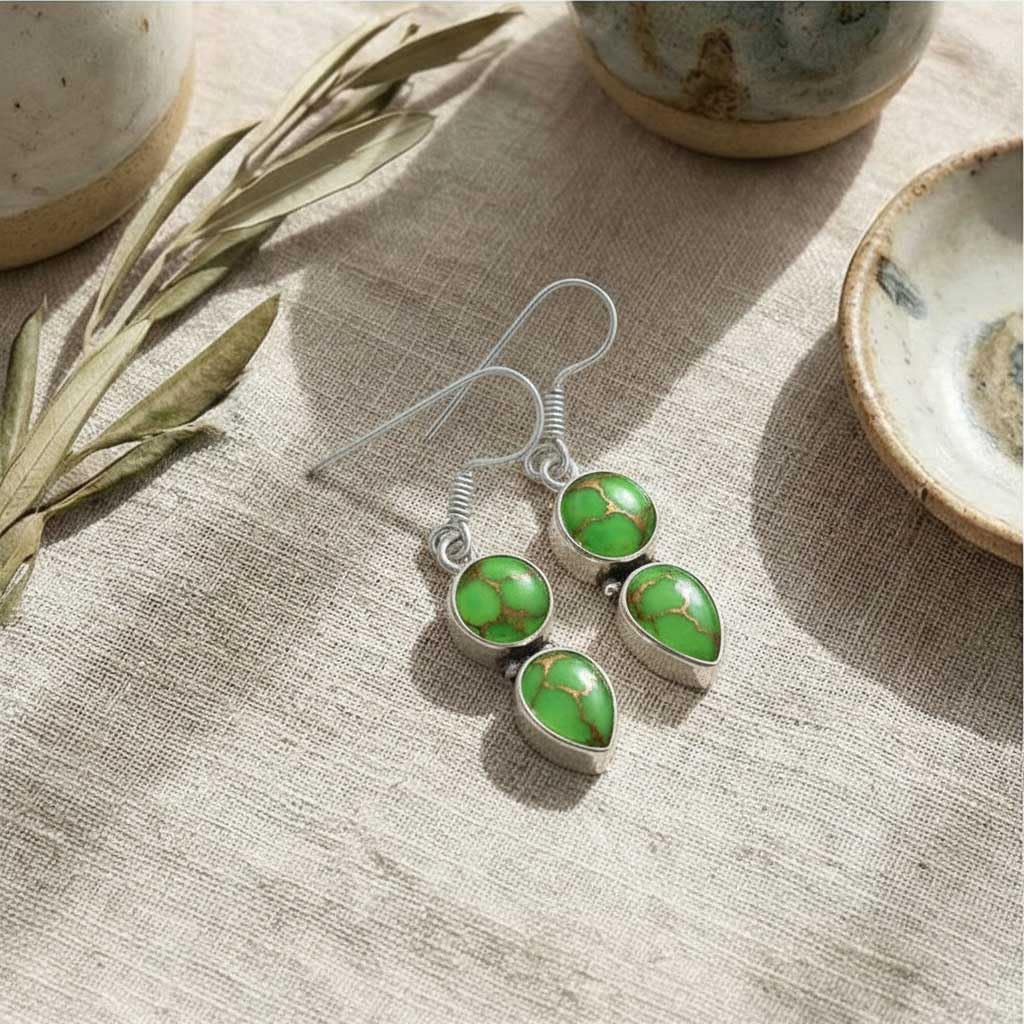 Natural Gemstone Drop Dangle Earring For Women Rose Quartz, Carnelian, Agate, Tiger Eye Round - Pear Boho 925 Sterling Silver Plated Handmade Jewelry