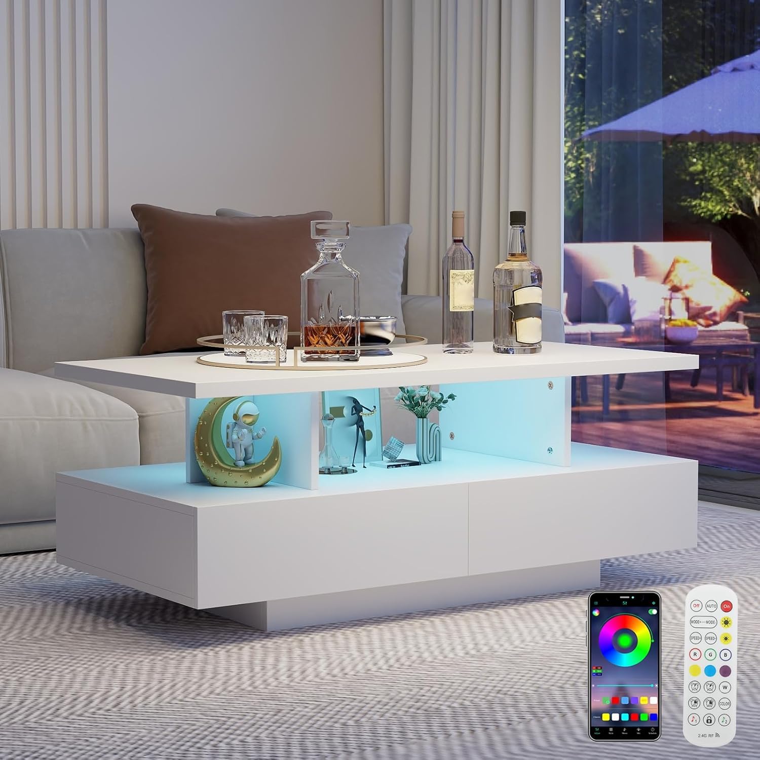 YU YUSING Tavolino Salotto Moderno con 2 Cassetti, Tavolino da Caffè con 2 Ripiani, Coffee Table, 60000 Colori di Luce Regolabili, Telecomando, Controllo tramite App, Modalità Musicali, Bianco