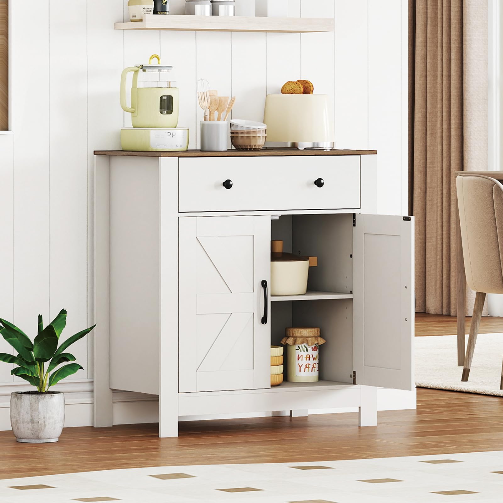 COSTWAY Mueble Auxiliar de Cocina, 76 x 40 x 85 cm, Aparador de Entrada Bajo con 1 Cajón, 2 Puertas y Estante Ajustable, Armario de Almacenamiento para Cocina, Salón, Entrada, Blanco y Natural