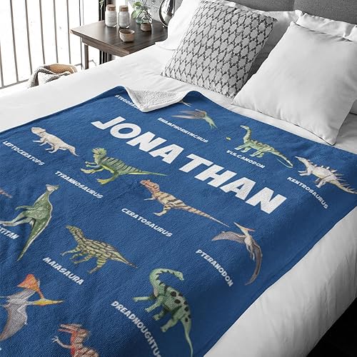 Miniatura 7 de Mantas personalizadas de dinosaurio para niños y niñas, manta personalizada de felpa de dinosaurio con nombre, forro polar suave, cálido y acogedor,