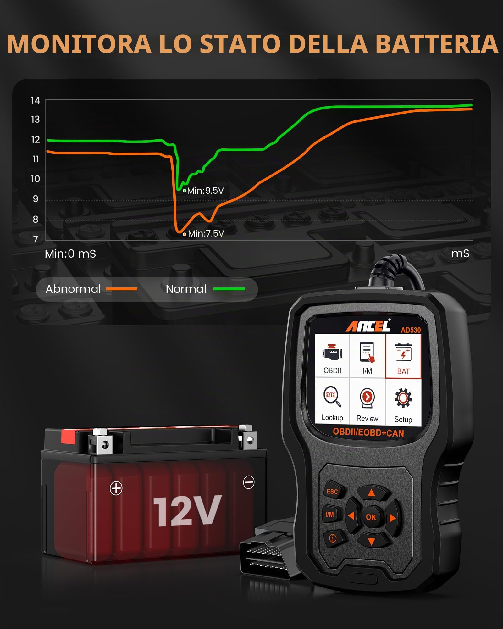 ANCEL AD530 Lettore di Codice OBD2 Controlla lo Strumento di Scansione della Luce del Motore Dell'auto Strumento di Scansione del Sensore O2 EVAP Scanner con Funzioni OBD2 Complete