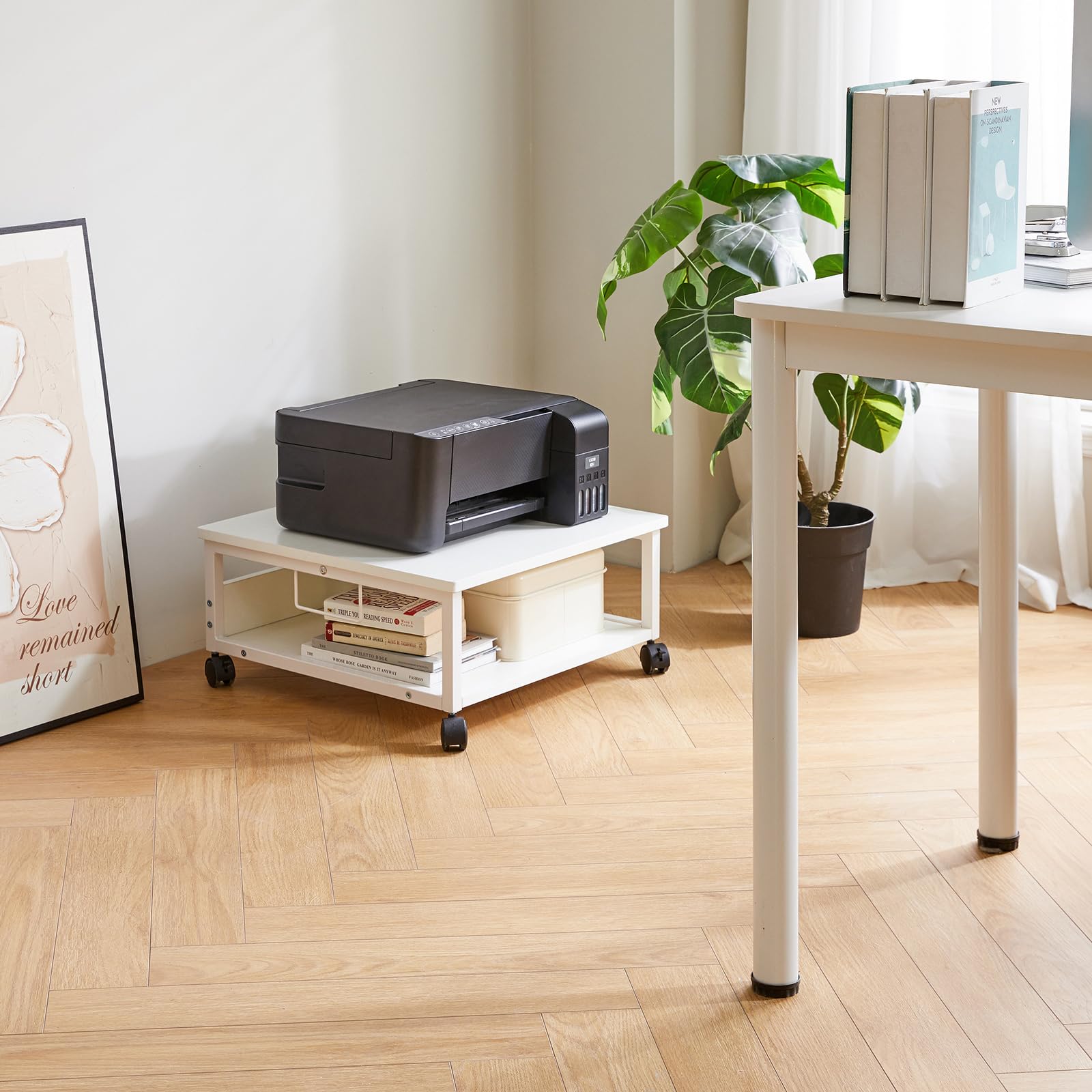 IBUYKE TLJ008W Support d'imprimante de bureau à 2 niveaux avec roulettes, table roulante robuste avec dossiers de rangement, pour livres, fax, scanner, bureau à domicile
