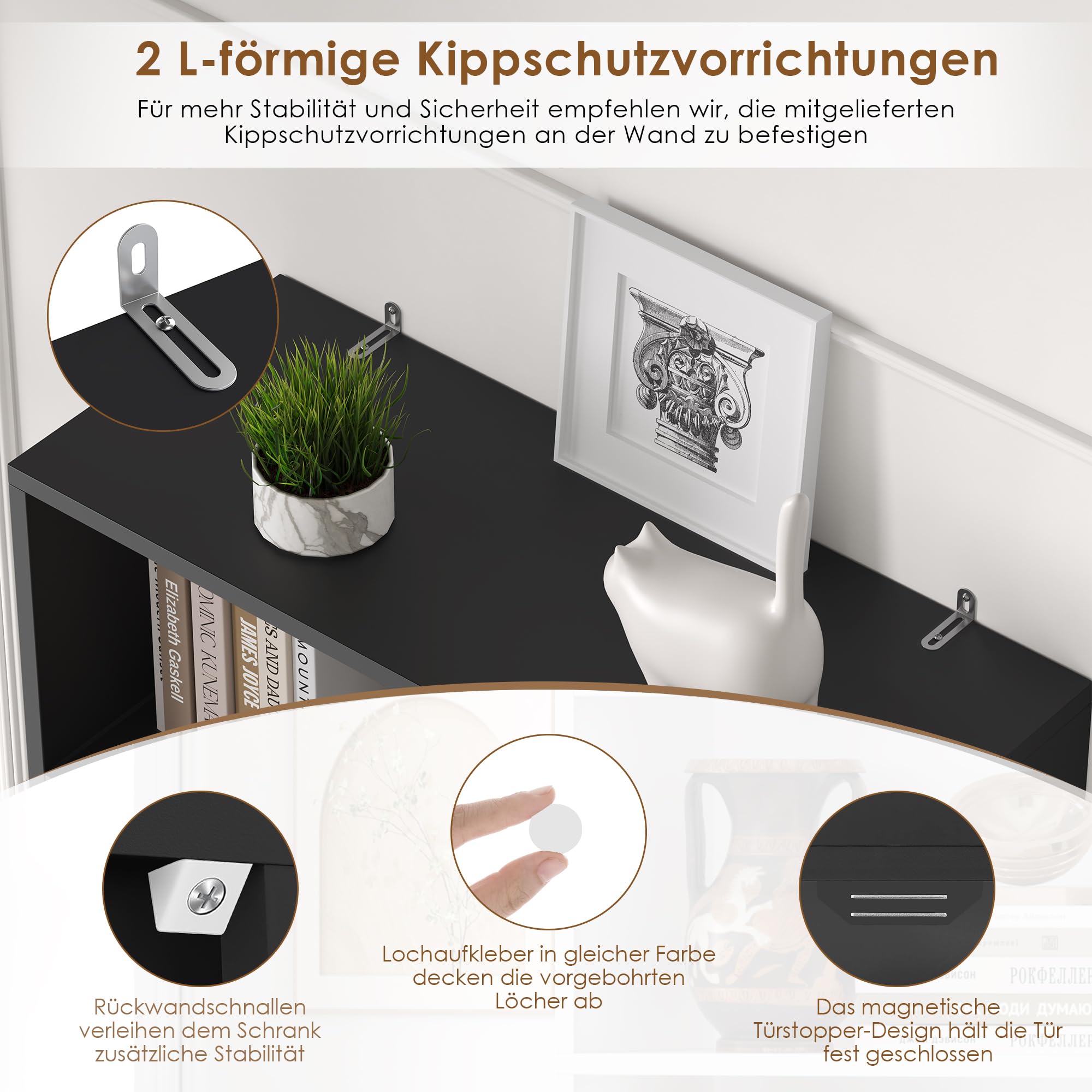 FirFurd 209 cm Bücherregal Bücherschrank mit 2 Türen 7 Ebenen Standregal | Hochschrank mit verstellbarer Ablage, Mehrzweckschrank für Wohnzimmer Büro Küche, 60 x 23,5 x 209 cm, schwarz