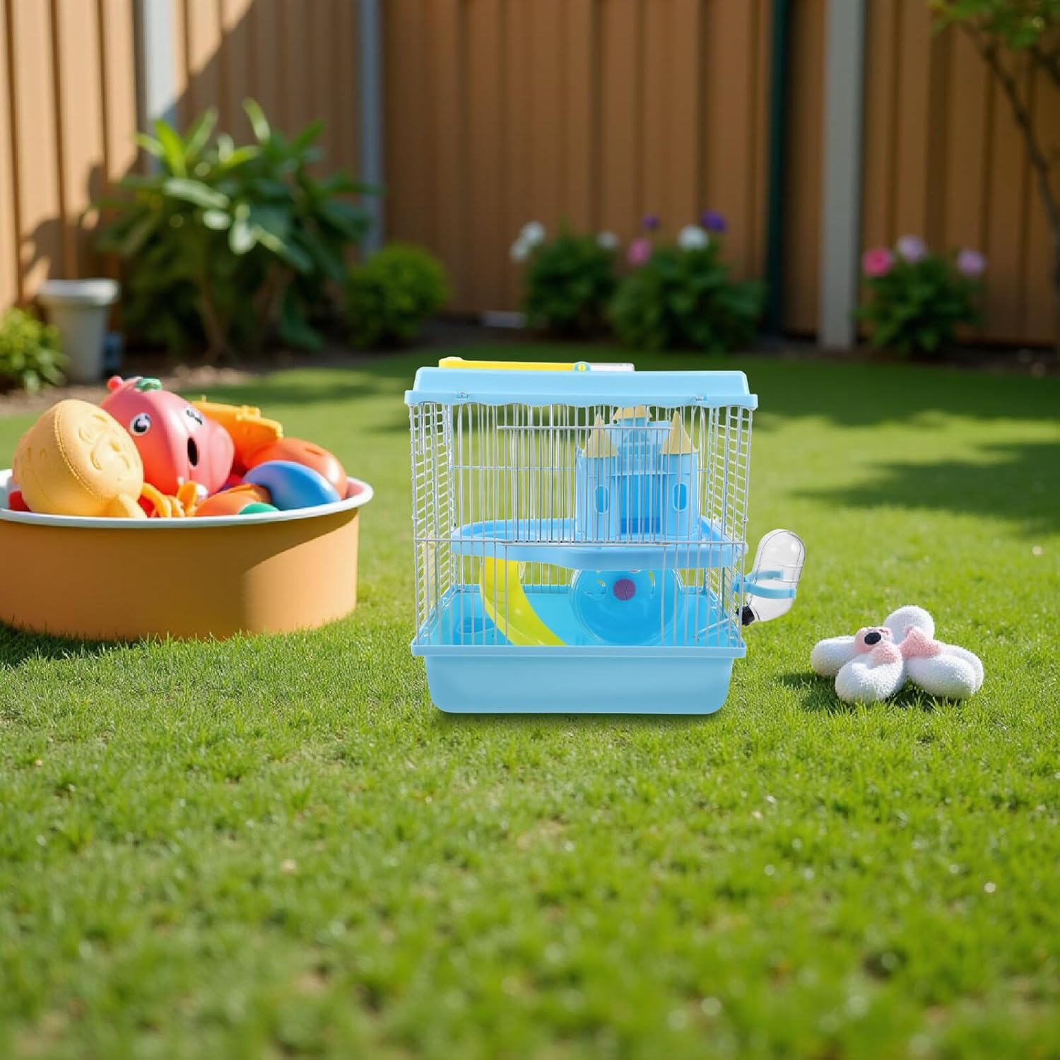 Toyvian Hamster Castle Cage with Exercise Wheel and Water Bottle, Two-Tier Small Animal Habitat with Slide and Food Dish, Portable Blue Hamster Carrier for Gerbils and Mice