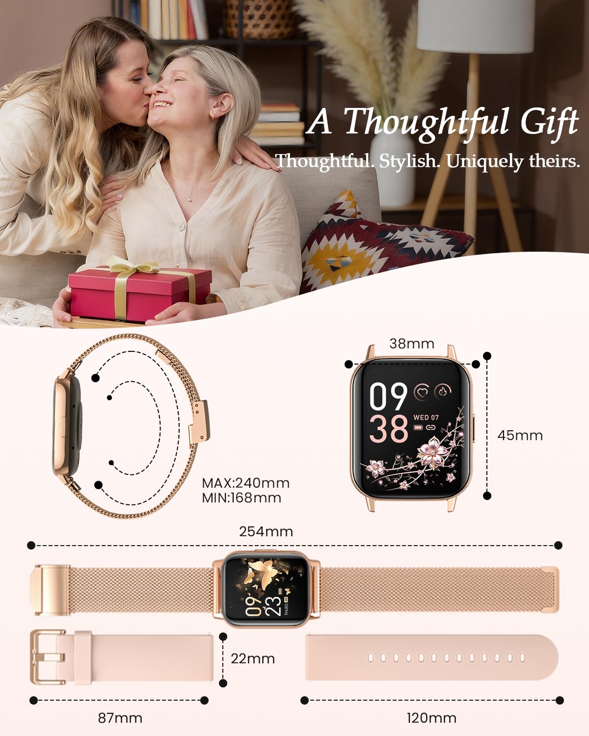 2026 Nuevo Reloj Inteligente Mujer, 1.85" AMOLED Smartwatch con Llamadas Función Femenina, 24H SpO2/Pulsómetro/Sueño,113+ Modos Deportivos 5ATM Calorías Podómetro WhatsApp Android iOS Oro Rosa, Regalo