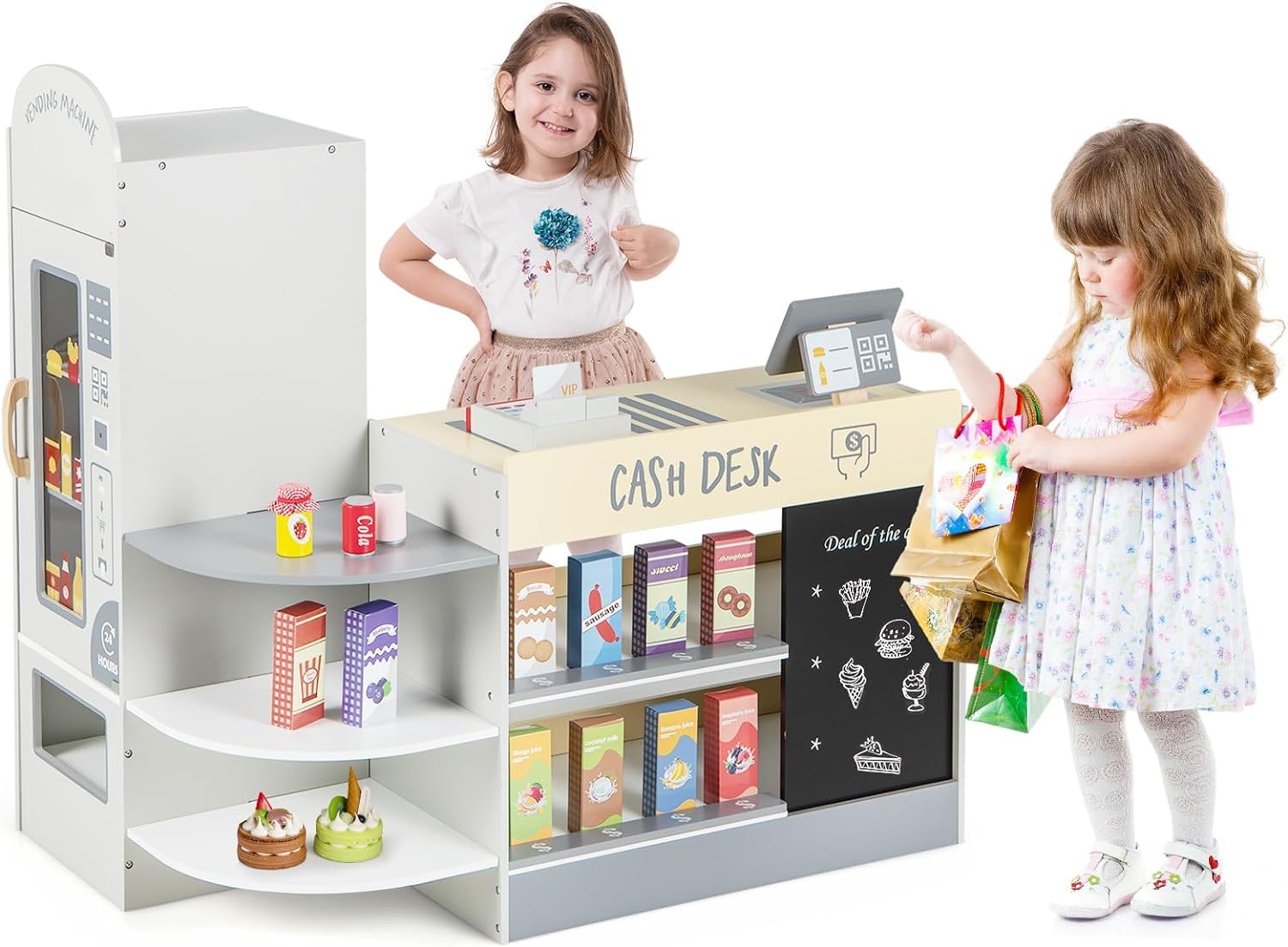 Kids Grocery Store Playset, Wooden Supermarket Toy Set with Cash Register, Vending Machine, Play Food Accessories, Blackboard, Pretend Play Store Gift for Toddler Boys Girls (White) — image 1