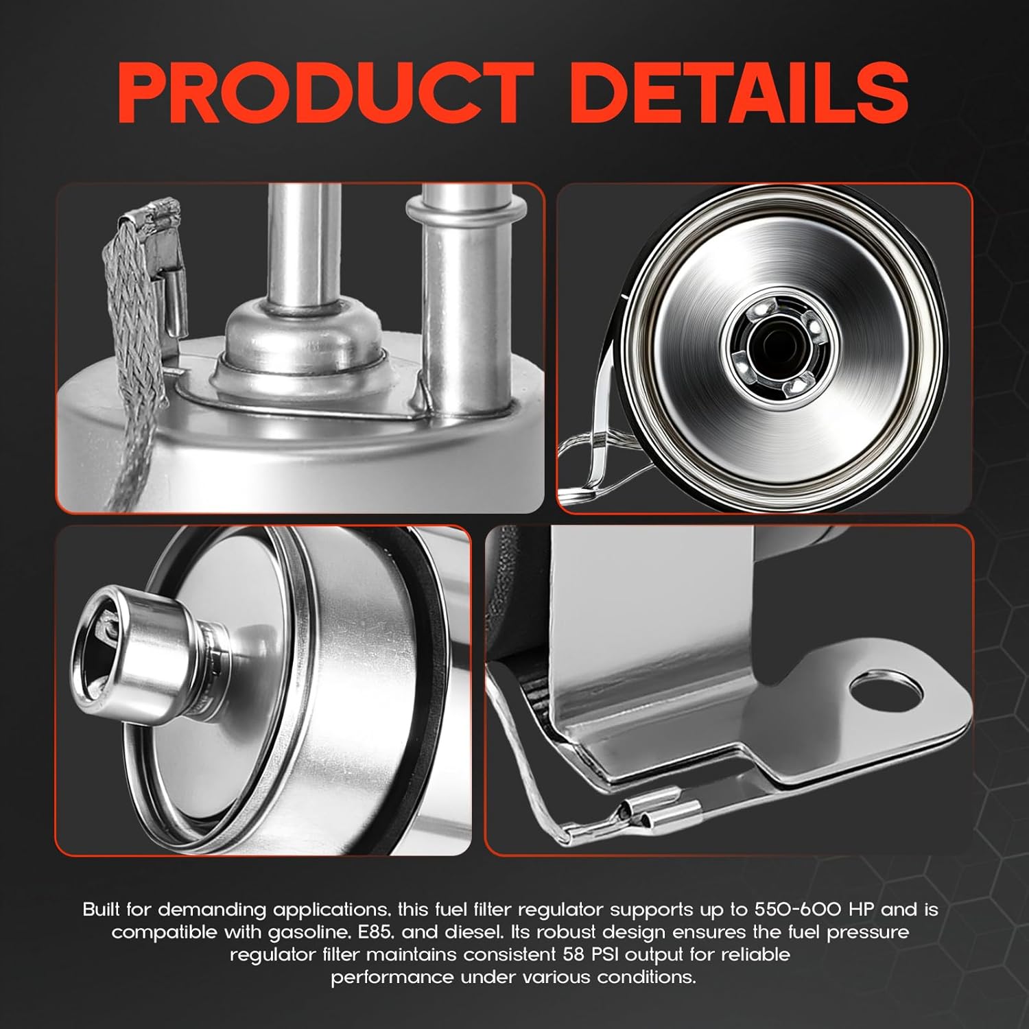 Fuel Filter Regulator Kit 58 PSI for LS Swap EFI Conversion, Compatible with C5 Corvette, Includes AN-6 Fittings 3/8" & 5/16" for Inlet Outlet Return and Fuel Rail Adapter