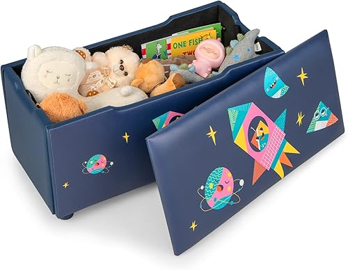 HONEY JOY Caja de juguetes de madera para niños baúl grande de almacenamiento de juguetes 2 en 1 con asiento acolchado acolchado asas de transporte