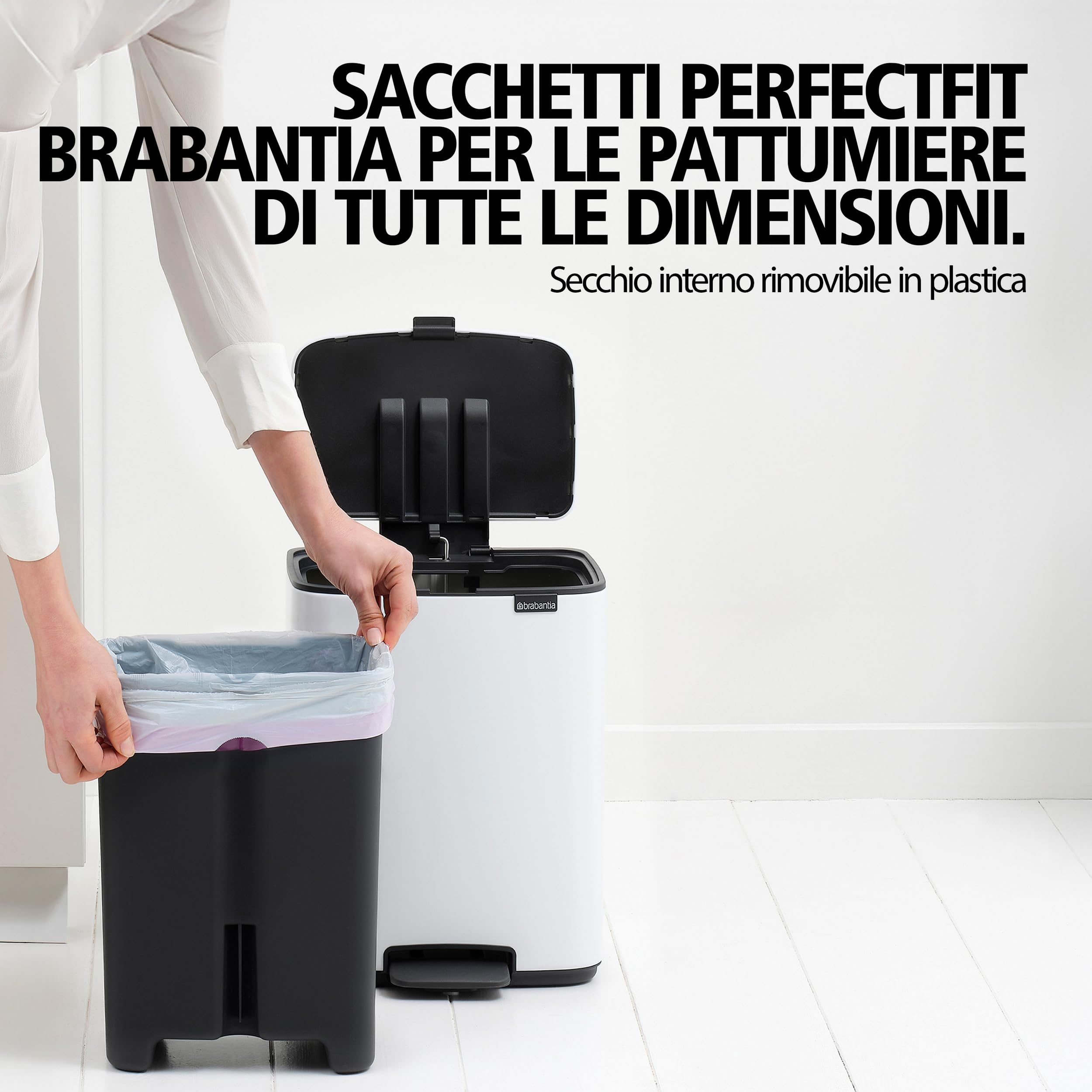 Brabantia Pattumiera a pedale Bo 12L (White), Pattumiera con pedale e coperchio a chiusura soft, Secchio spazzatura facile da pulire con secchio interno rimovibile e sacchetti PerfectFit inclusi