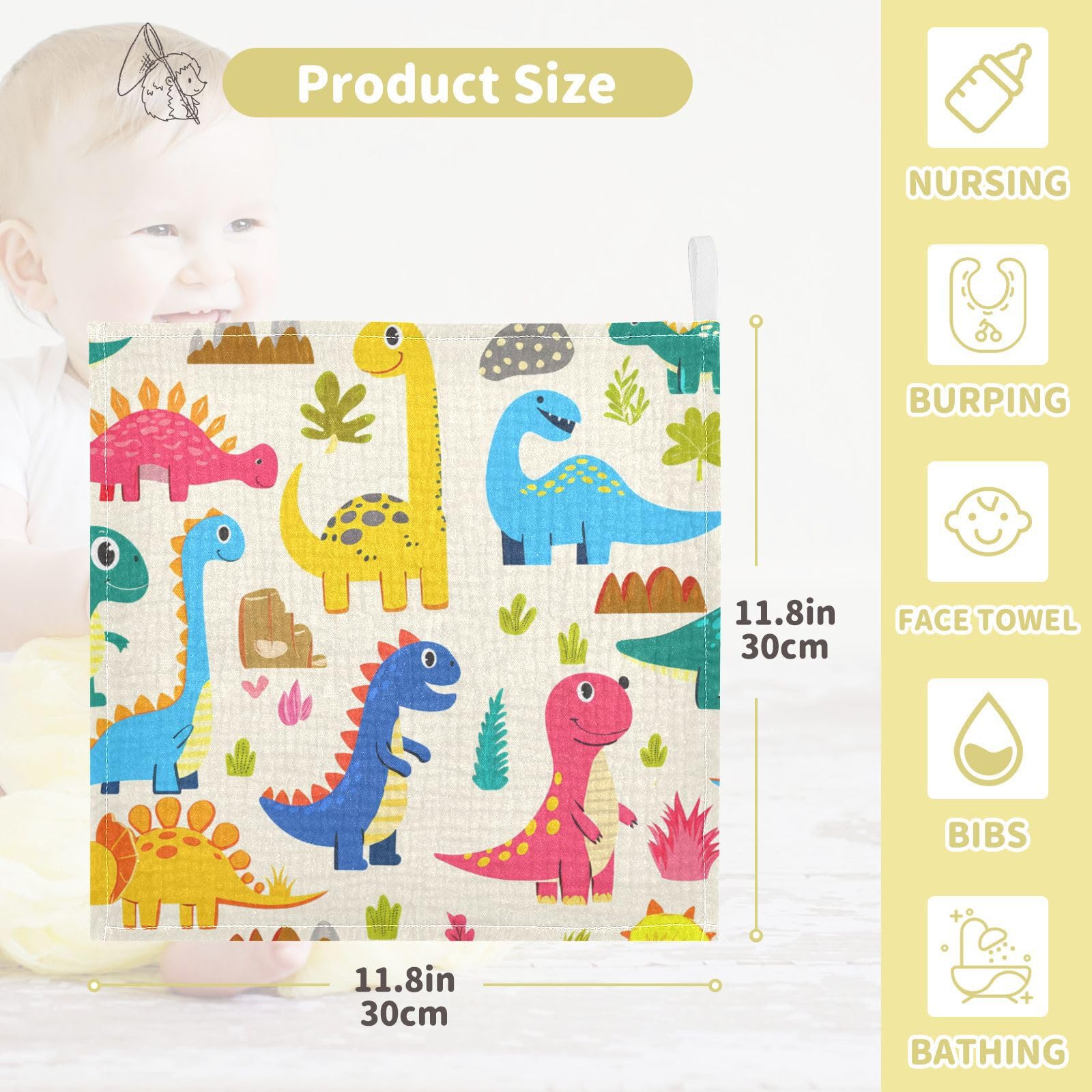 Kigai Cute Cartoon Dinosaur Baby Washcloths,5pcs Ultra Soft Absorbent Towel,Newborn Bath Face Towel, Natural Reusable Baby Wipes for Sensitive Skin, Baby Registry as Shower