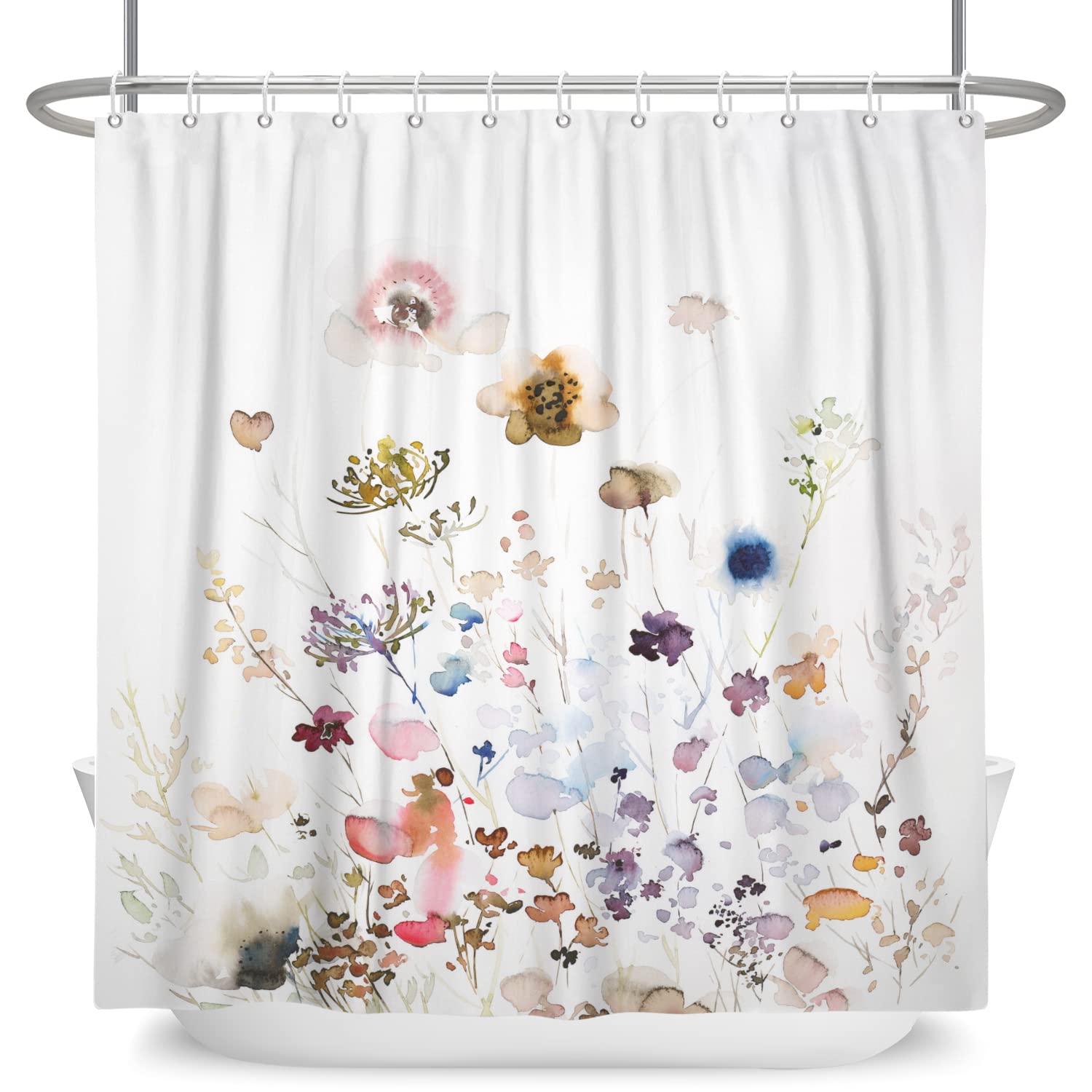SDOTPMT 65x72inch Colorful Wildflower Shower Curtain Watercolor Flower Green Botanical Plant Countryside Theme Rustic Village Field Natural Landscape Bath Curtain for Bathroom Toilet with Hooks — image 1