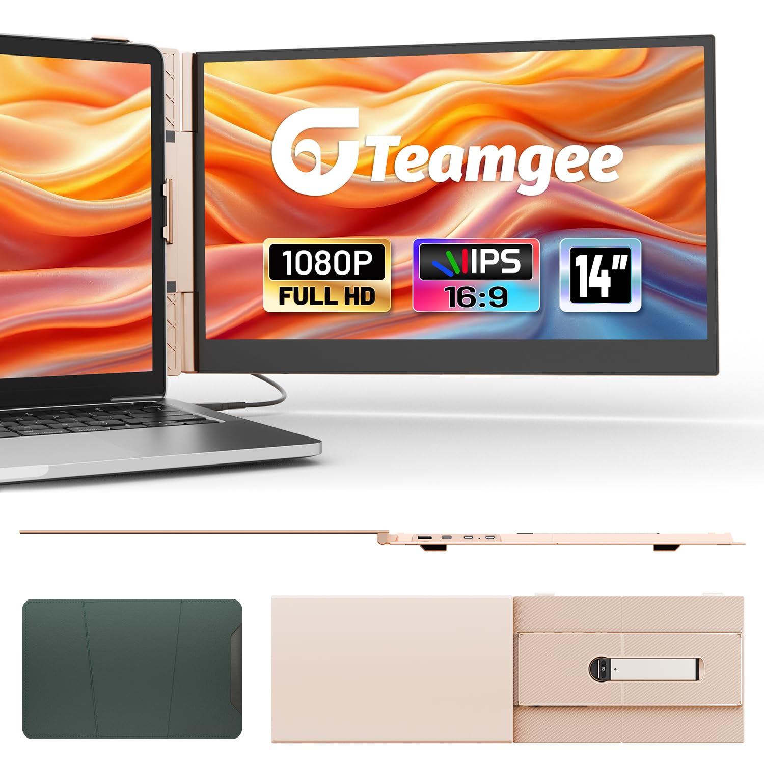 Teamgee 14.1" Monitor portatile color oro rosa - Schermo esterno ultra sottile 1080P per laptop con supporto di alta qualità. Compatibile con laptop13”-17" Mac/Wins/DeX, 0,6 kg (Dual 14.1")