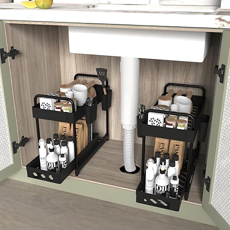 Under Sink Space Saver: Double Layer Sliding Shelf with Hooks (2 Pack)