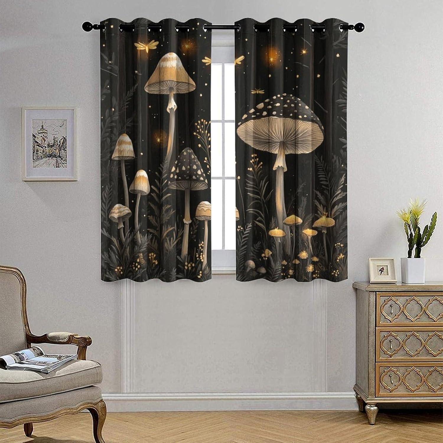 Enchanted Mushroom Forest Grommet Blackout Curtains for Bedroom, Rustic Floral Tree Star Sky Thermal Insulated Curtains Room Darkening Window Drapes, 21W x 45L, 2 Panels
