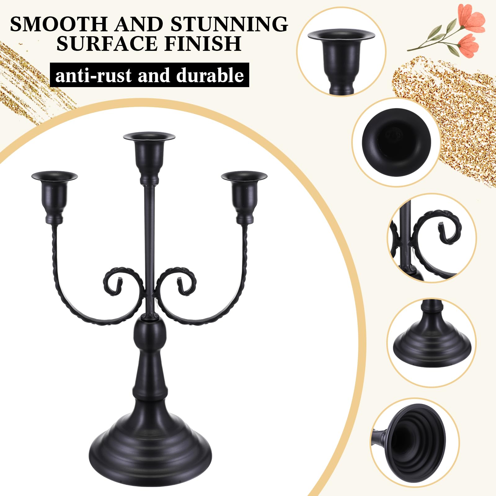 Dandat 3 candelabri in metallo a 3 bracci, in stile gotico, per casa, matrimonio, chiesa, feste di Natale (retrò, 30 cm, nero)