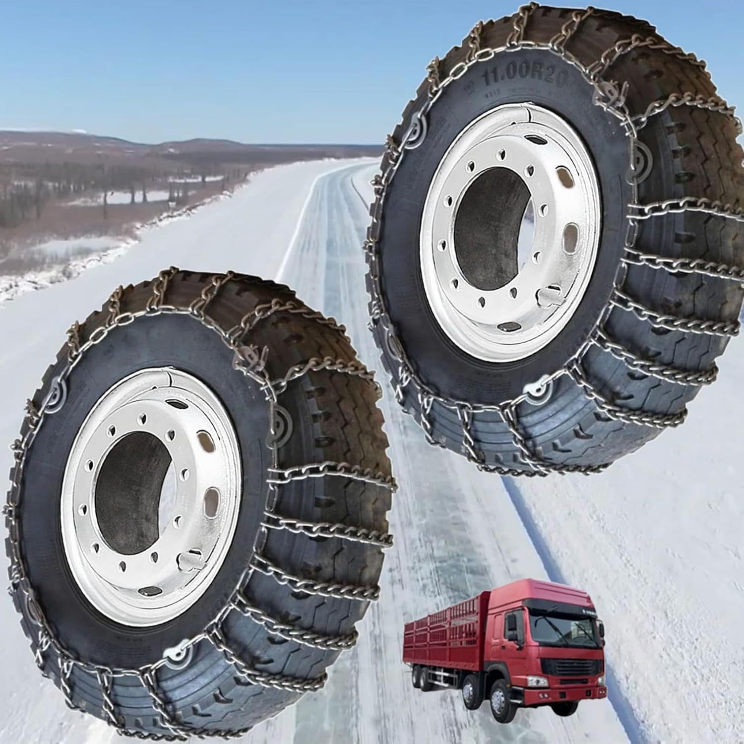 Set of 2 Snow Chains For Cars Suv Pickup Trucks Commercial trucks AVT- Quick Fit AND Easy Installation,Reusable Universal Emergency Traction Snow Chains 11R22.5 2pcs 315/80R22.5