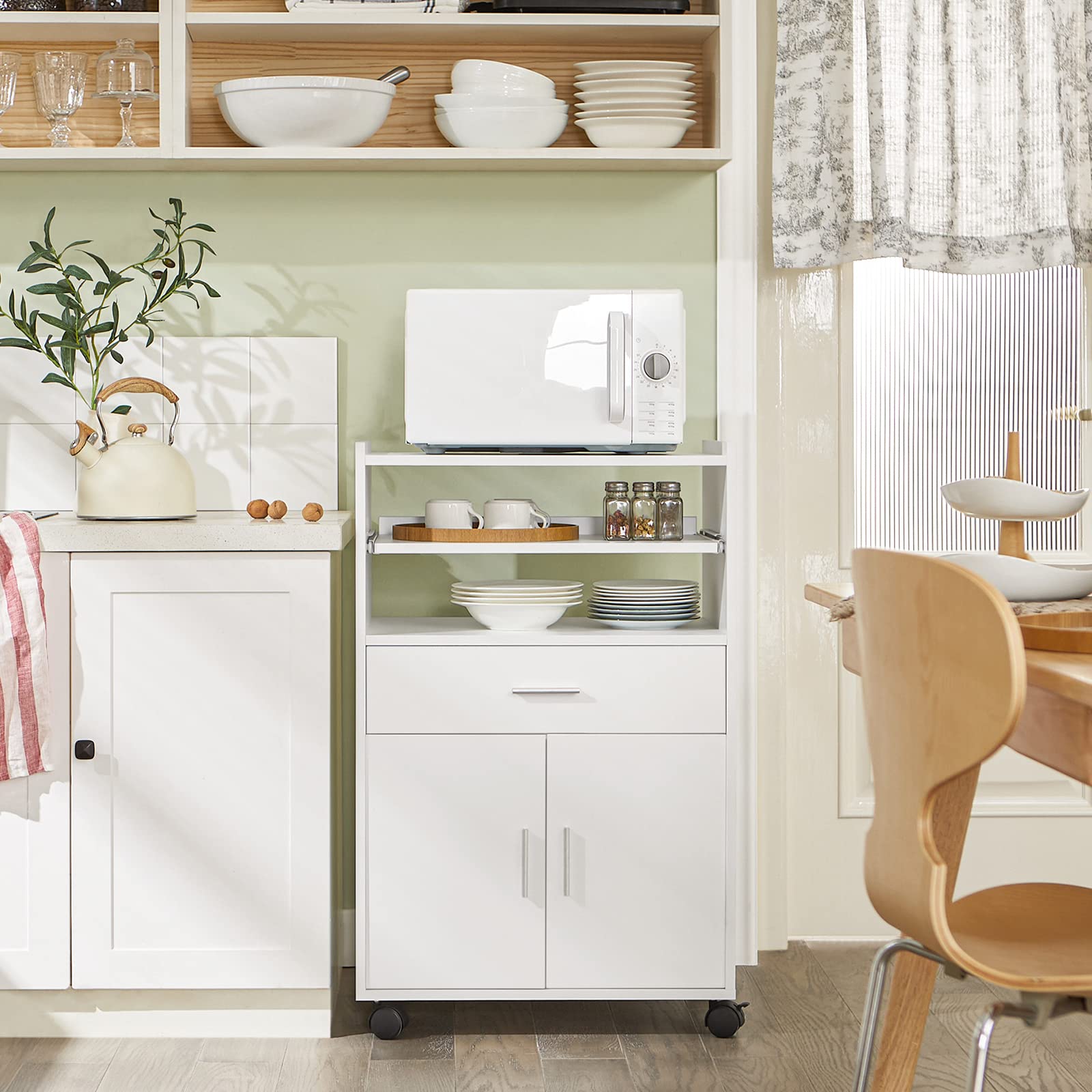 SoBuy Carrello Cucina con Ruote, Mobile Microonde con Piano Estraibile e Cassetto, Mobile Cucina Salvaspazio per Piccoli Ambienti, Cucina, Coffee Station e Soggiorno, Bianco 59×40×92 cm FSB09-W