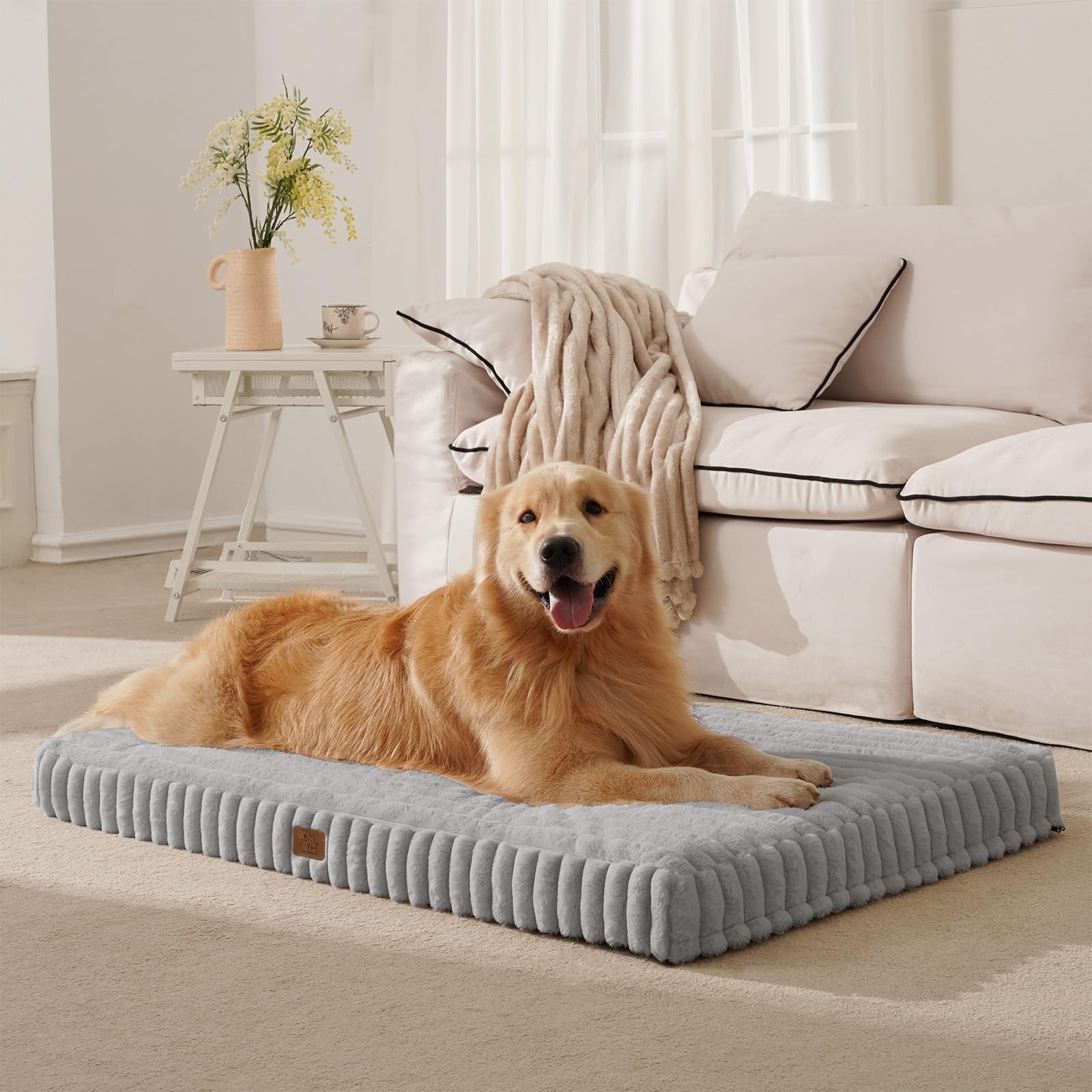 DOPEDIO Dog Bed Light Gray XXL, Waterproof Removable Cover,Calming Crate Mattress with Anti Slip Bottom,Soft and Warm