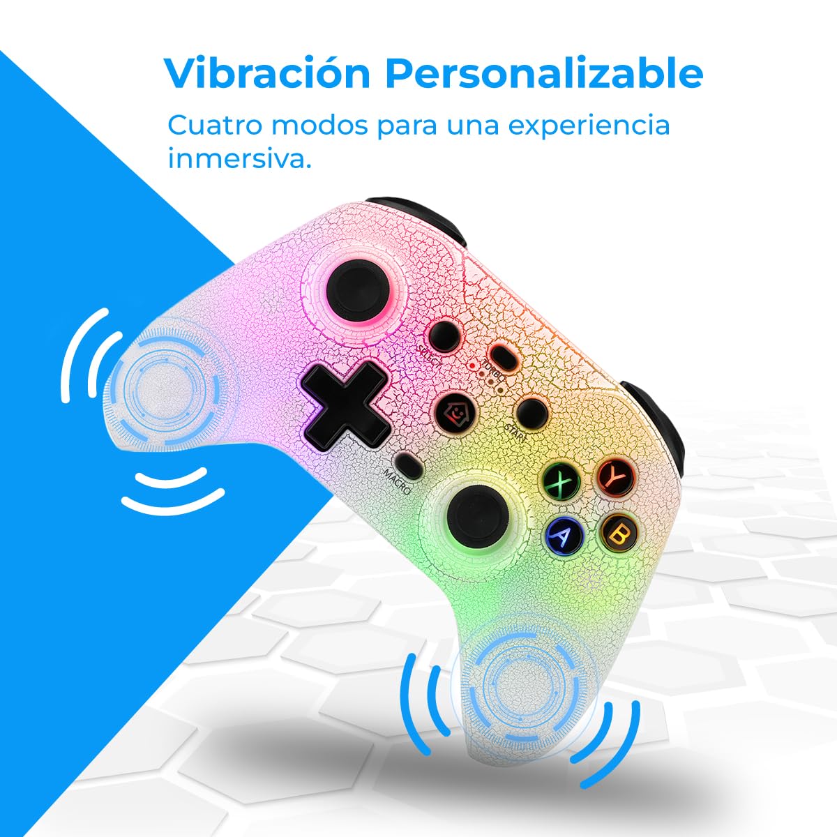 NK Mando Switch Inalámbrico - LED RGB Ajustable, Switch/PC/Android/iOS, Función Turbo, Ajustes Macro, Bluetooth, 6 ejes, 4 Modos de Vibración - Color Blanco (Incluye Soporte Smartphone)
