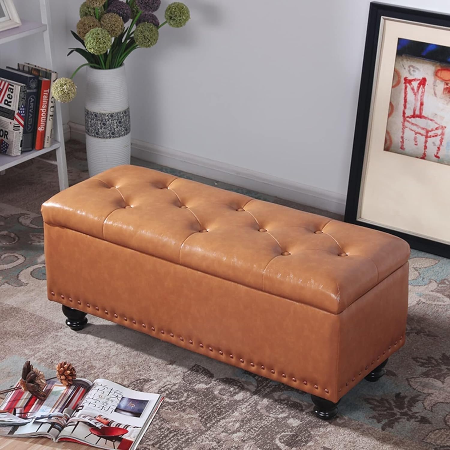 LMMIAOZ Leather Pouf Ottoman - 2 in 1 Storage Bench & Footrest - Rectangular Footstool for Bedroom Entryway or Hallway - Stylish Shoe Changing Stool
