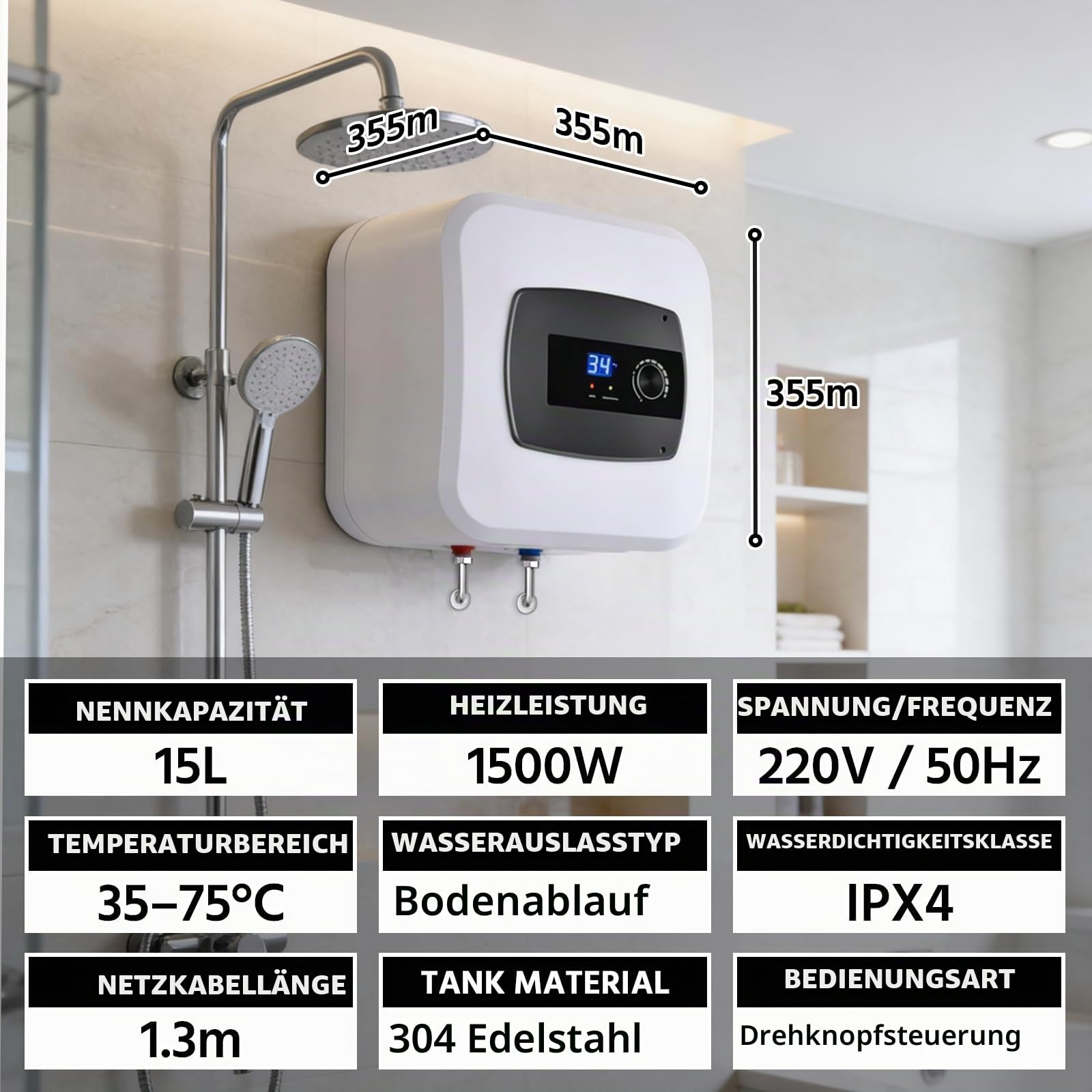 Elektrischer Warmwasserboiler 15 Liter, 1500W Warmwasserboiler