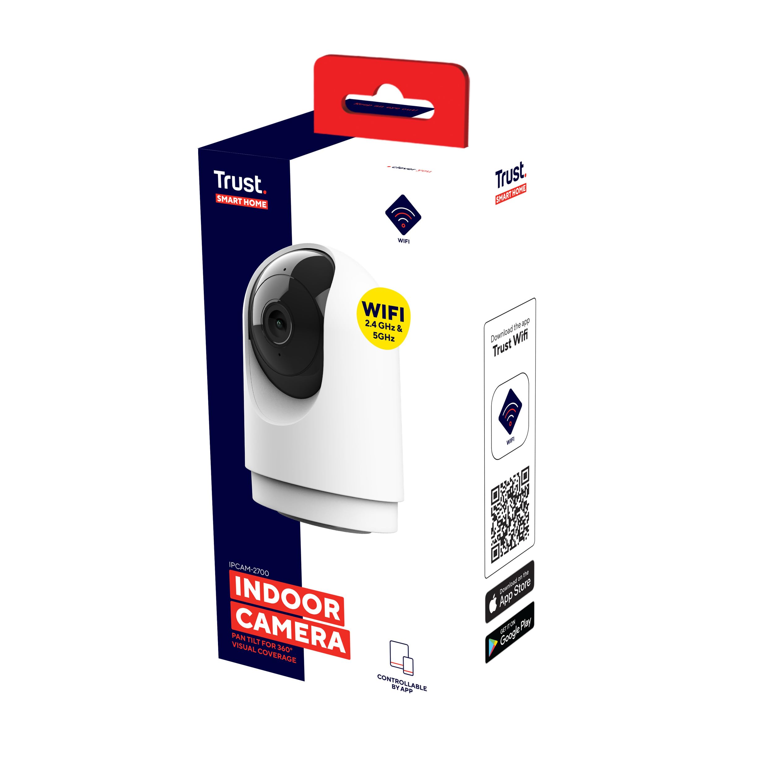 Trust IPCAM-2700 Cámara Vigilancia WiFi Interior, Camara 360° con Visión Nocturna, Sirena y Micrófono Incorporados, Detección de Personas, Cámara con App, Videovigilancia, Blanco