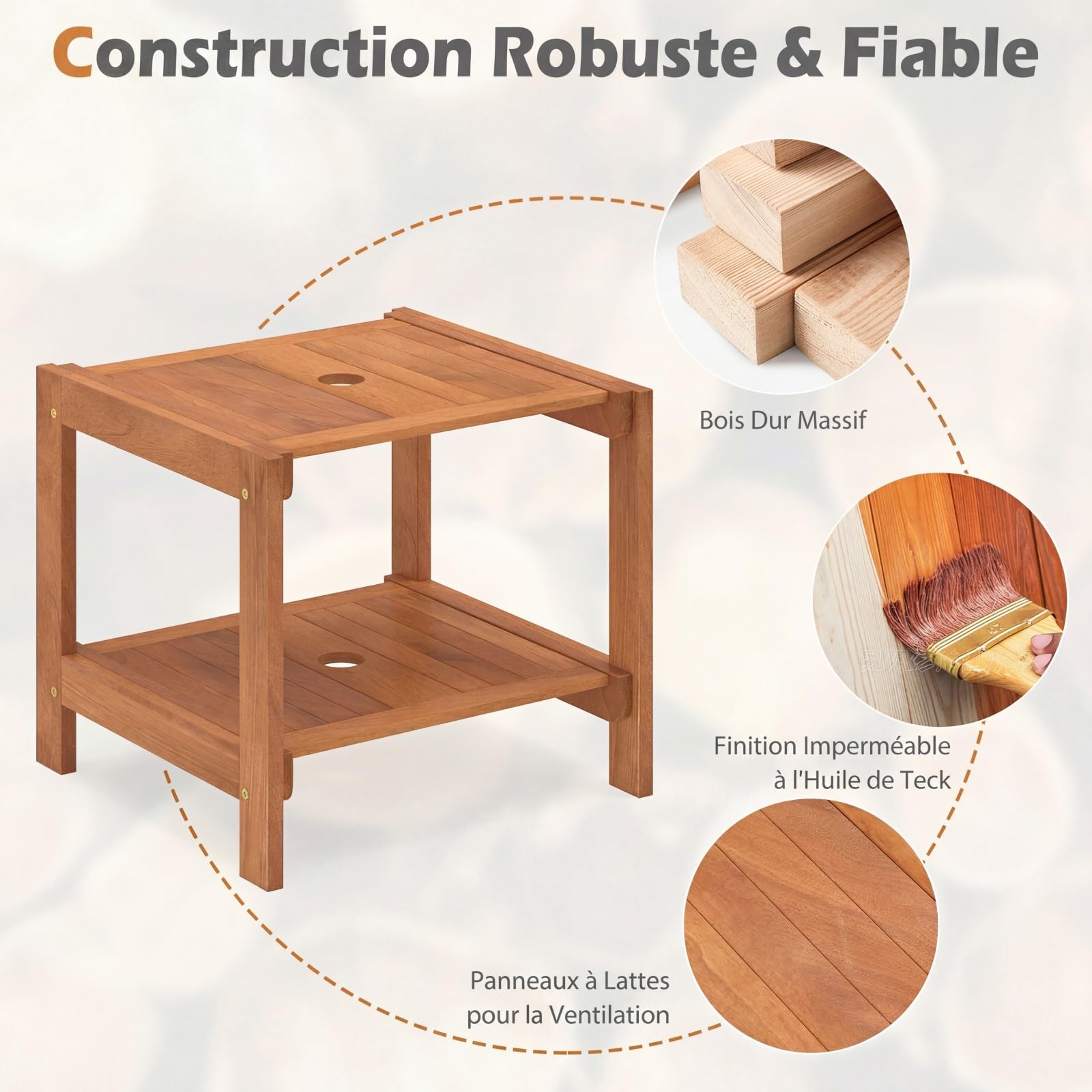 COSTWAY Table Basse Exterieur à 2 Niveaux en Bois avec Trou pour Parasol