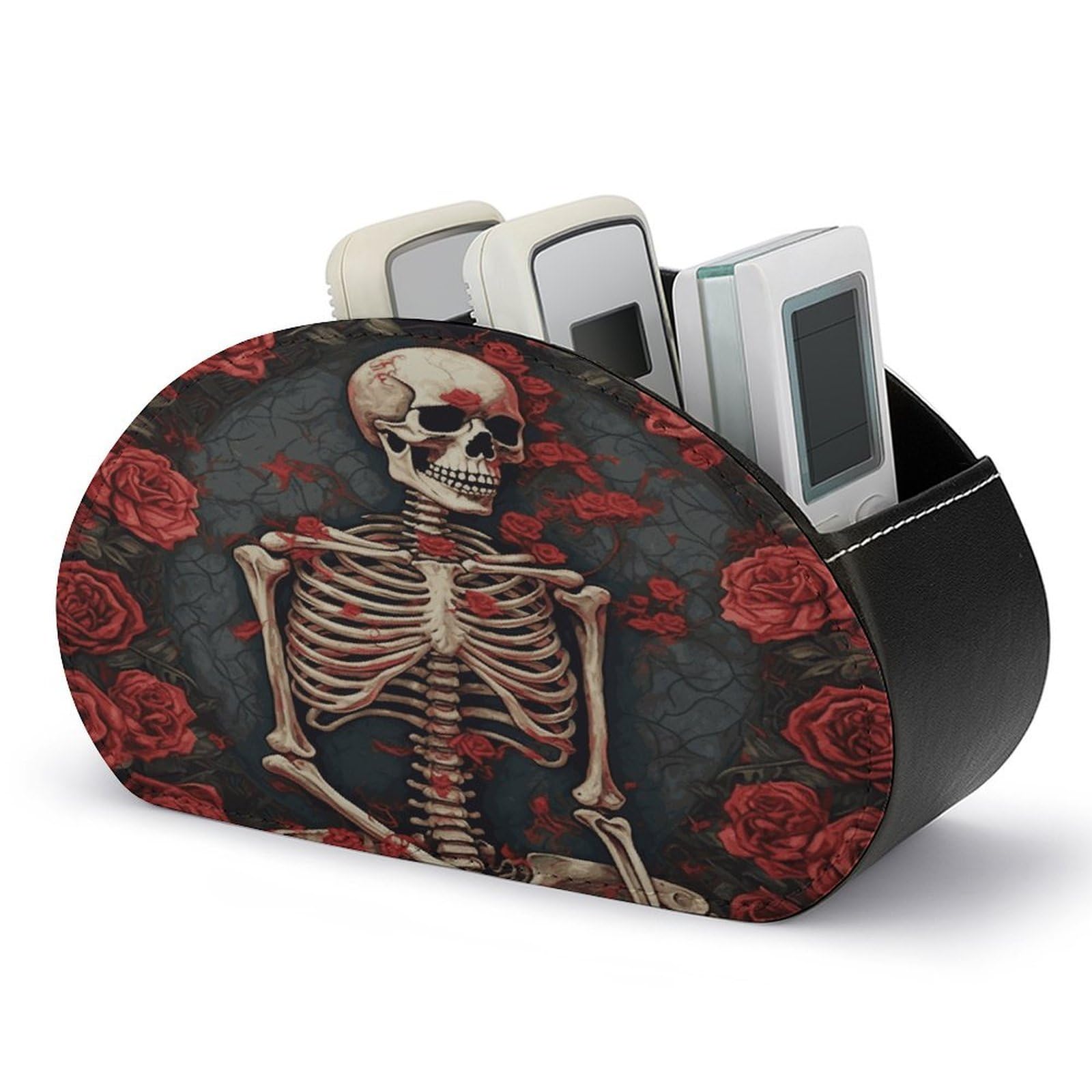 LZQPOEAS Skeleton with Roses Remote Control Holder with 5 Compartments PU Leather Remote Organizer Box Caddy for Table Nightstand Remote Caddy Desktop Organizer Fits Media Controllers
