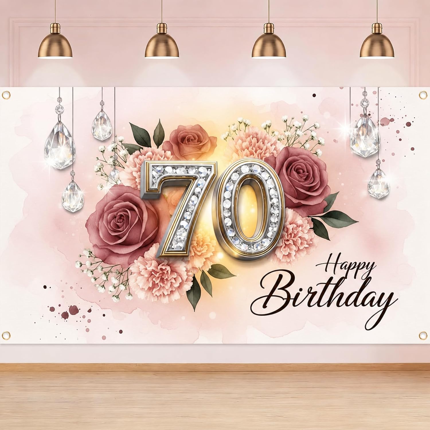 Floral 70th Birthday Banner Decorations for Women, Pink Rose Gold Happy 70th Birthday Backdrop for 70 Years Old Anniversary Party Home Wall Outdoor Indoor Photo Booth Background Supplies