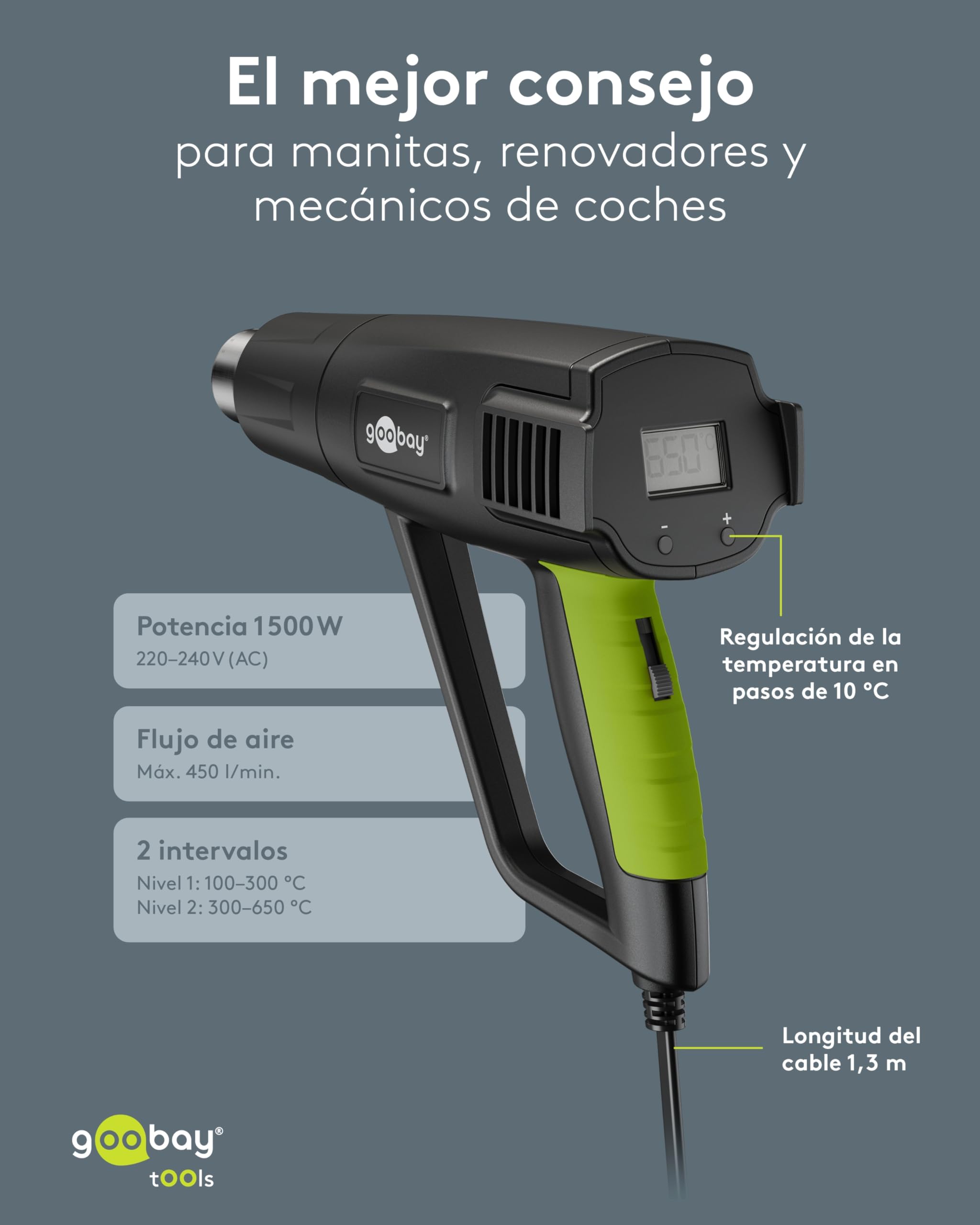 goobay Pistola de aire caliente 1500 W con pantalla LCD, control de temperatura ajustable (100–650 °C), 450 l/min, incluye 4 boquillas, ideal para bricolaje y reparaciones, 77823
