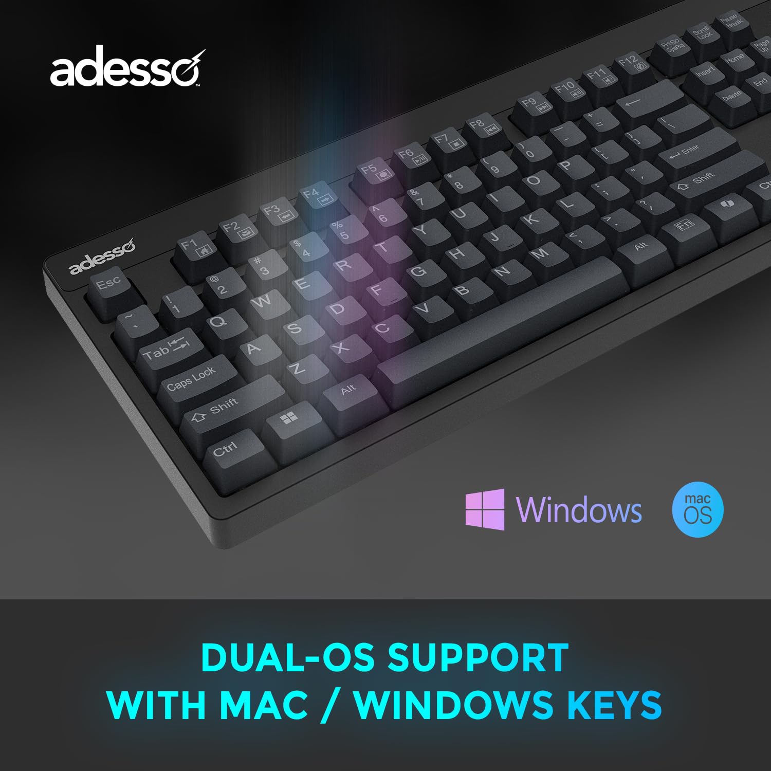 ADESSO EasyTouch 130 - Tastiera meccanica cablata USB con interruttori marroni, Hotkey AI Copilot dedicato, montato su guarnizione per una digitazione silenziosa, 2 tasti di stampa grandi e rollover