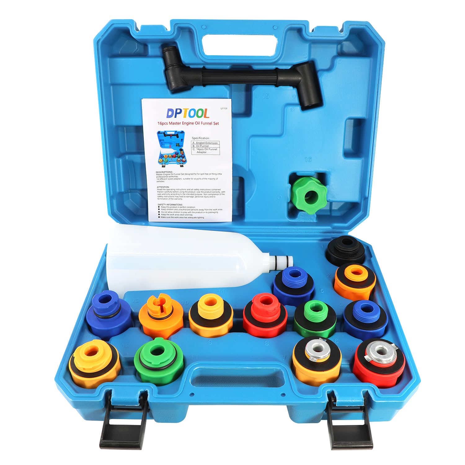 DPTOOL Oil Funnel Set, Automotive Oil Funnel Set for Engine Oil Changes, Oil Dispenser Funnels Kit with Flexible Extension and 14 Oil Cap Adapters Compatible with GM Ford VW BMW Audi Land Rover Etc