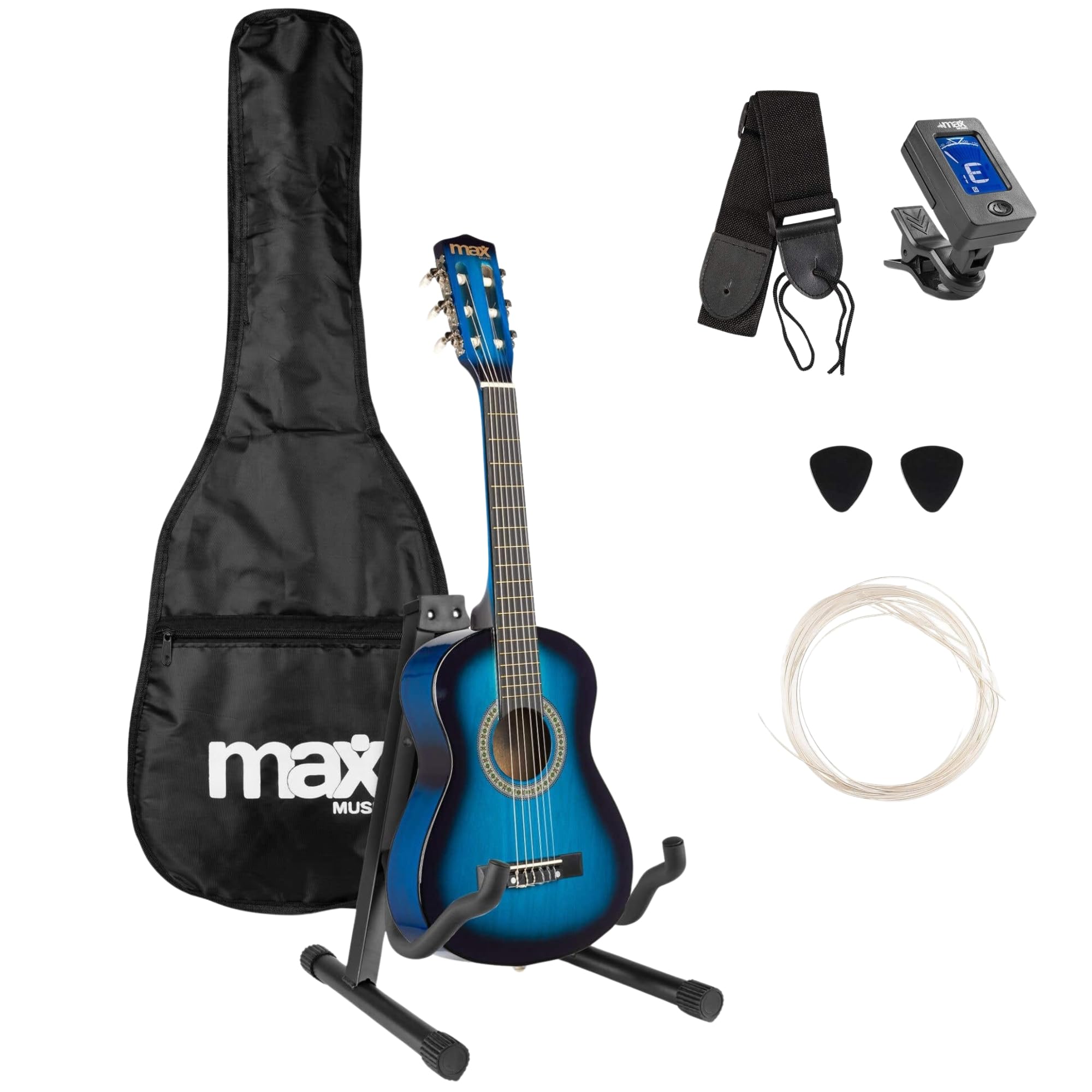 MAX SoloArt - 1/4 Gitarre Kinder ab 3 Jahre - Akustik Gitarre inkl. Gitarrenständer, Tasche, Plektrum, Gurt und Saiten-Zubehör, Kindergitarre 3 Jahre - Guitar in Blau