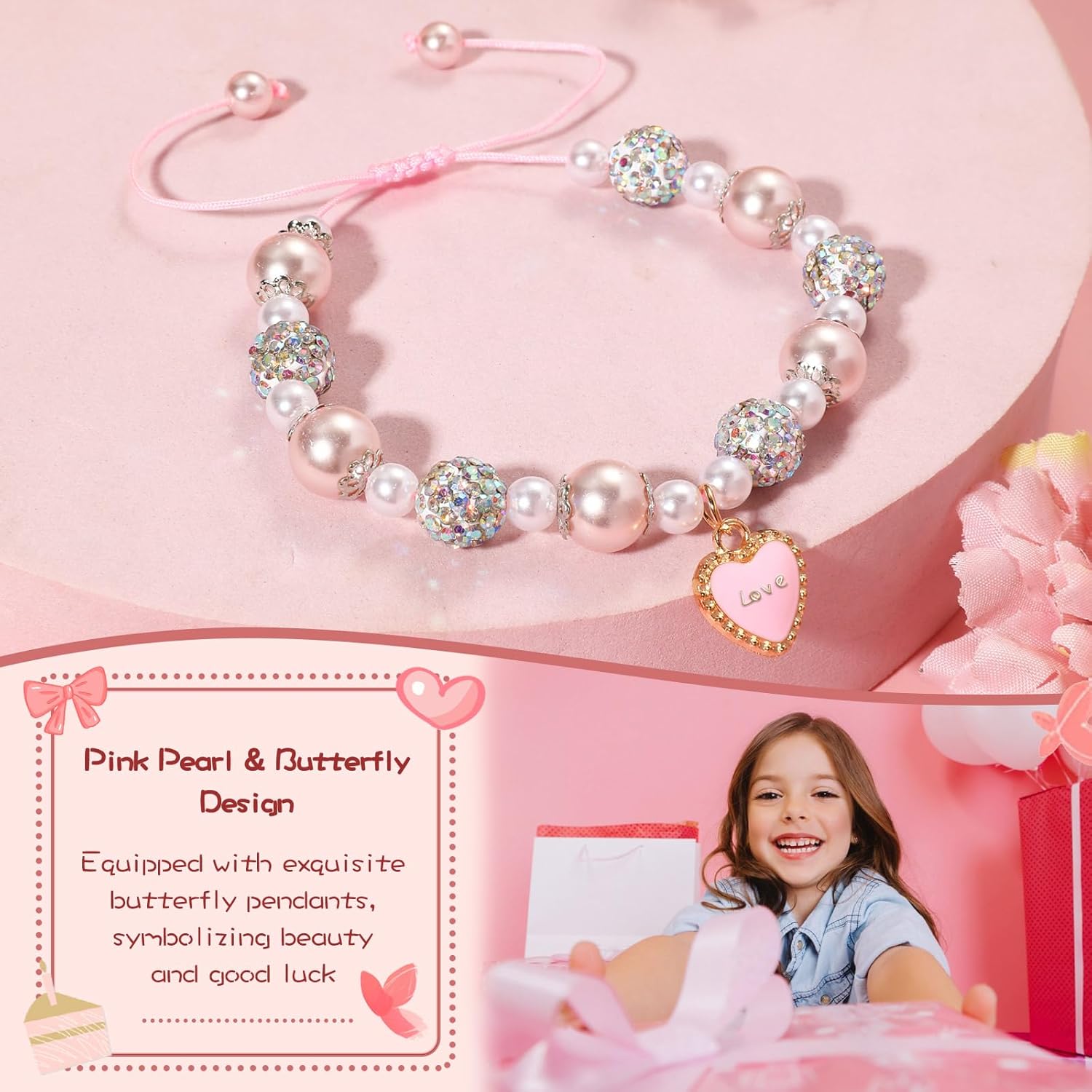 Artlunar Pink Pearl Butterfly Bracelet for Girls, Adjustable Sliding Knot (5.2”-9”) Stainless Steel & Pearl Charm – Kids Birthday Gift Jewelry for Daughter, Granddaughter, Niece - Image 2