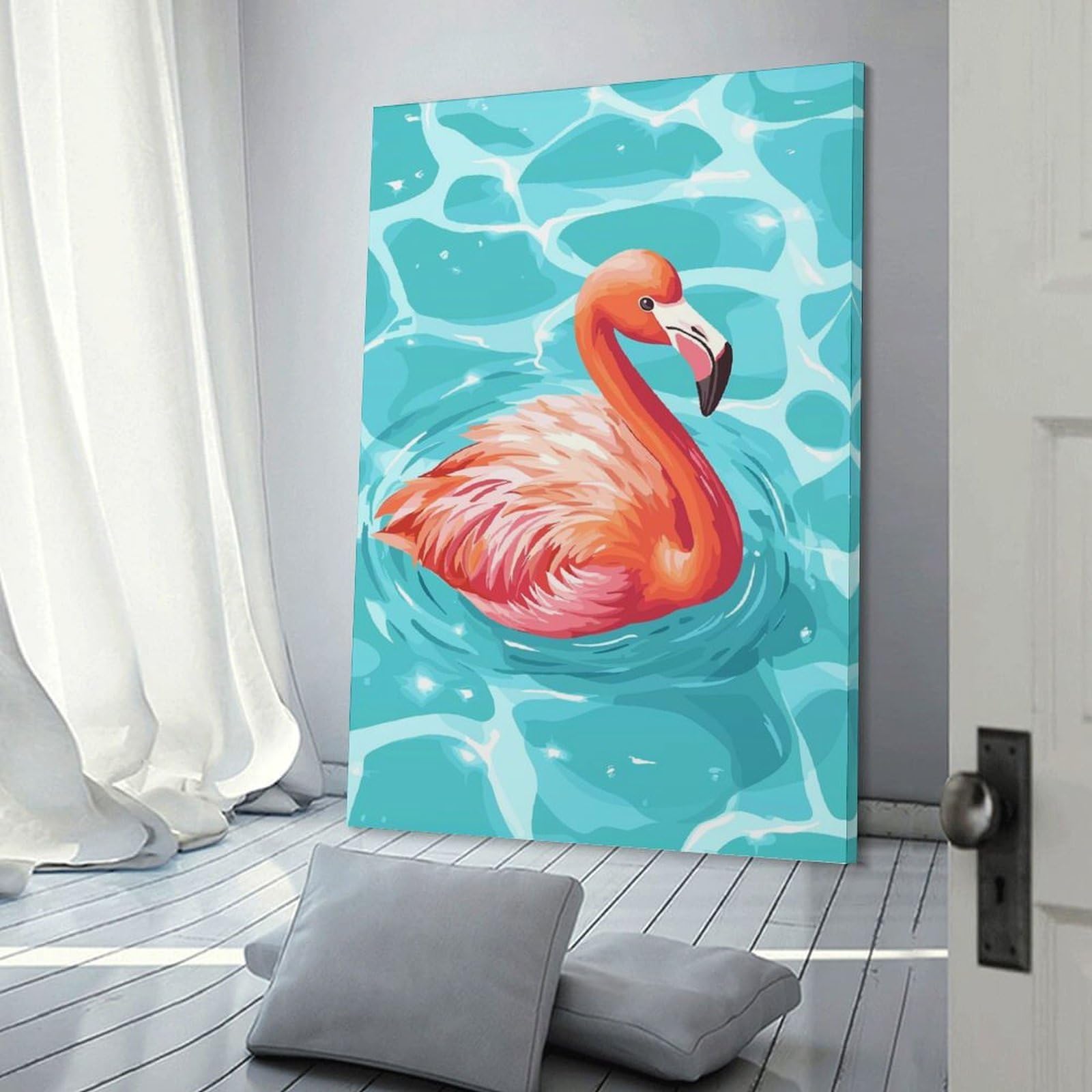 Junmoney Flamingo in Blue Water Illustration Canvas Wall Decor, 20x30inch(50x75cm), for Lounge Decor, Bedroom Walls Or Flats, Eye Catching Artwork for Blank Walls