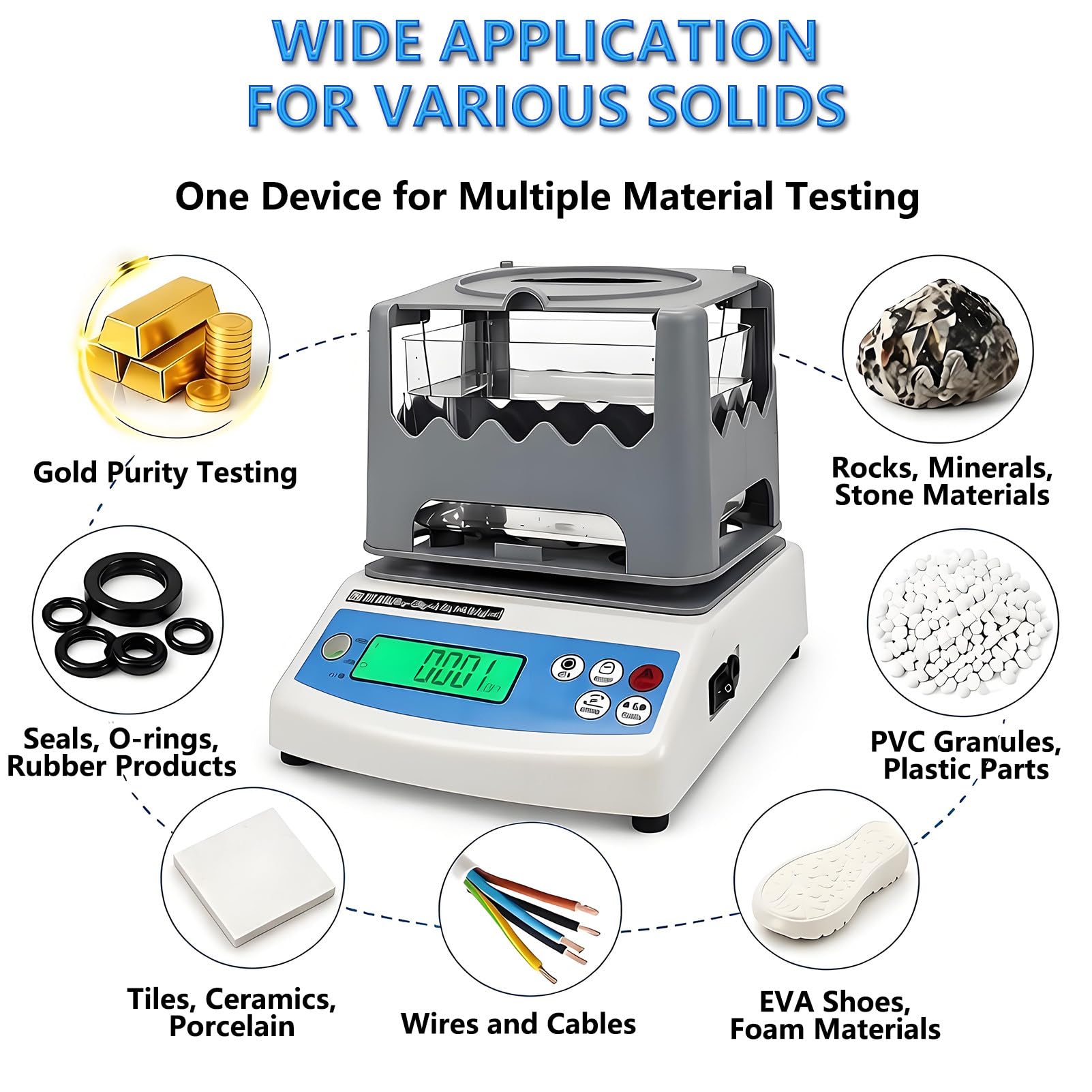 Densimetro Elettronico per Solidi, Alta Precisione 0,001 G/Cm³, Display LCD, Strumento per la Misurazione della Densità di Plastica e Gomma, Apparecchiatura di Test della Densità 600g