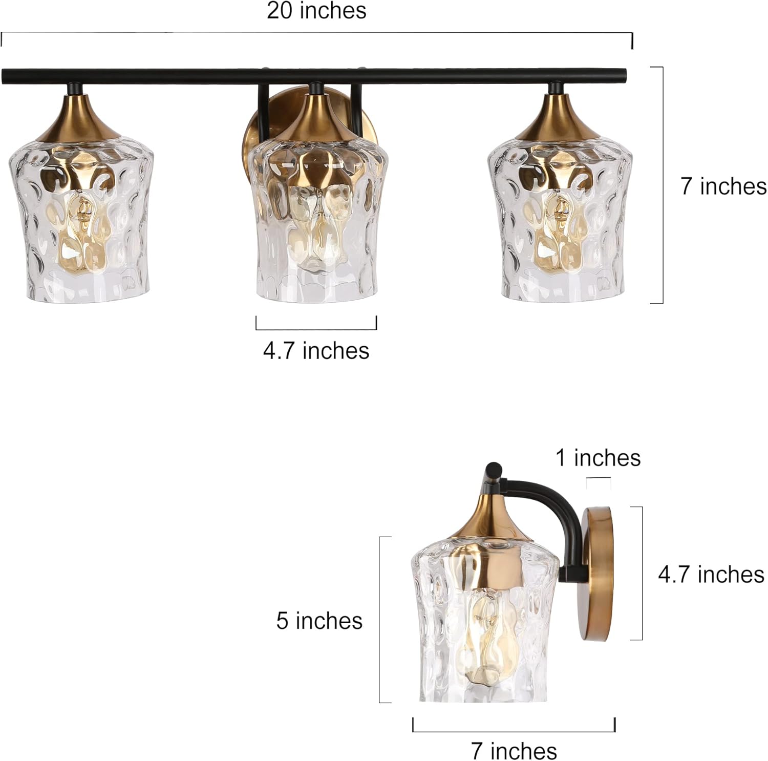 Diagram showing the dimensions of the ZEVNI Black Gold Vanity Light Fixture: 20 inches total width, 7 inches total height, 4.7 inches shade width, 5 inches shade height, 1 inch backplate depth, 4.7 inches backplate height.