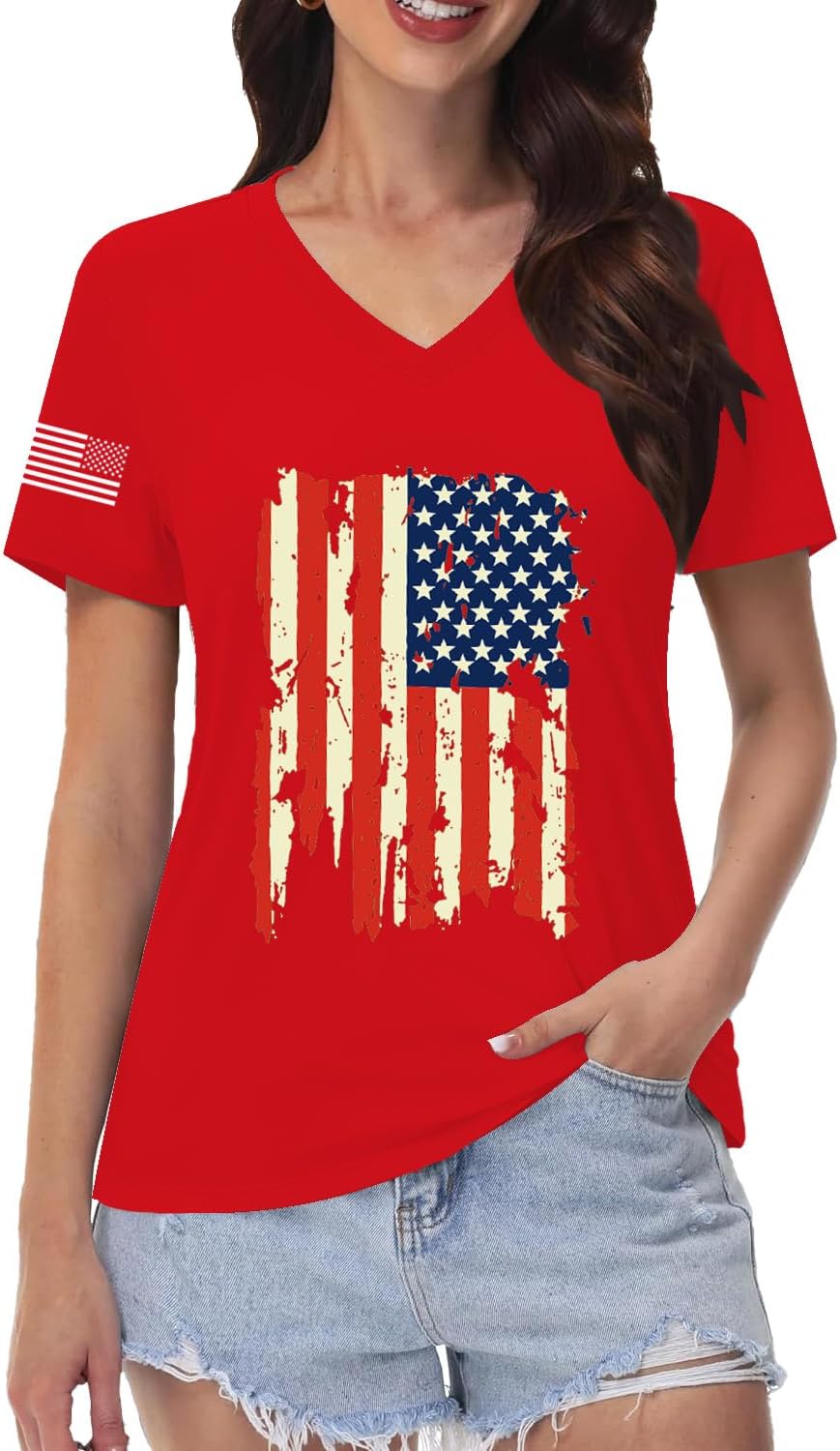 American Flag V-Neck Shirts for Women USA Patriotic T-Shirt 4th of July Tee Tops