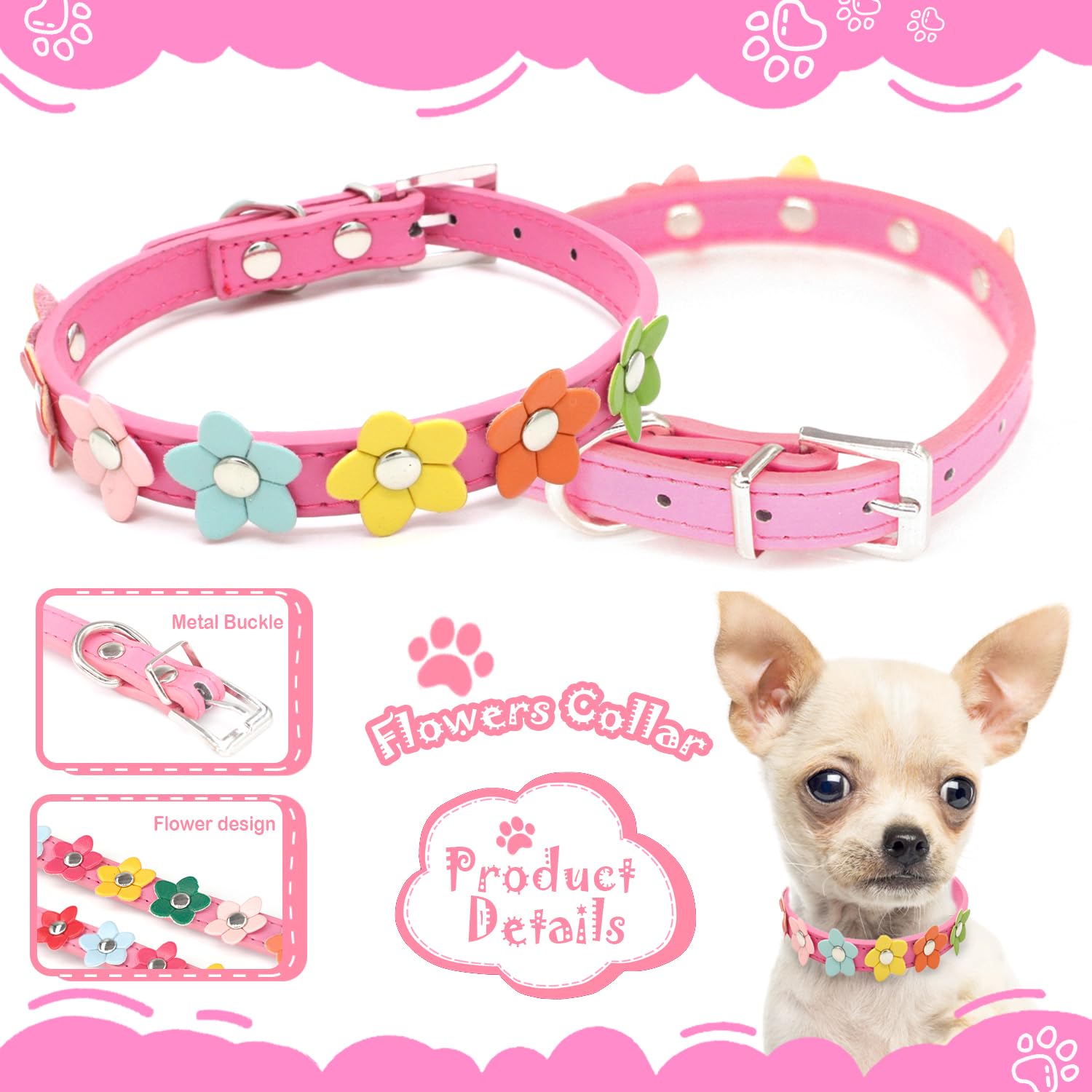 YUXIANLB Hundehalsband Mit Blume & Glöckchen – Rosa, Weich & Verstellbar Für Kleine Hunde & Katzen