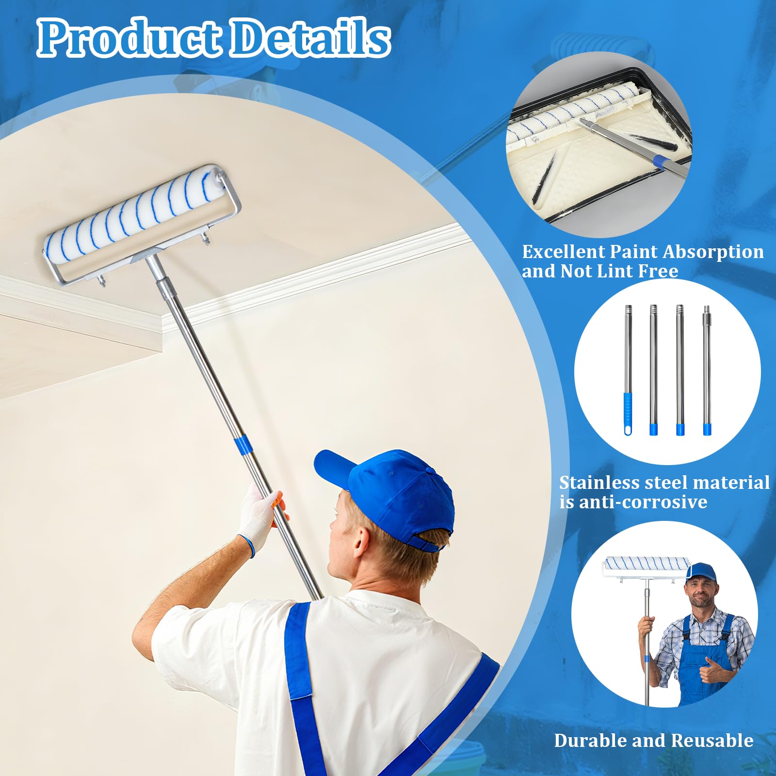 Farbroller-Set, 45,7 cm, Farbroller, 12 Stück | Farbrollerpinsel, Farbroller-Set, verstellbarer Rollenrahmen und 45,7 cm Rollbürste, Stahlstange für Malerei, Wand, Decke